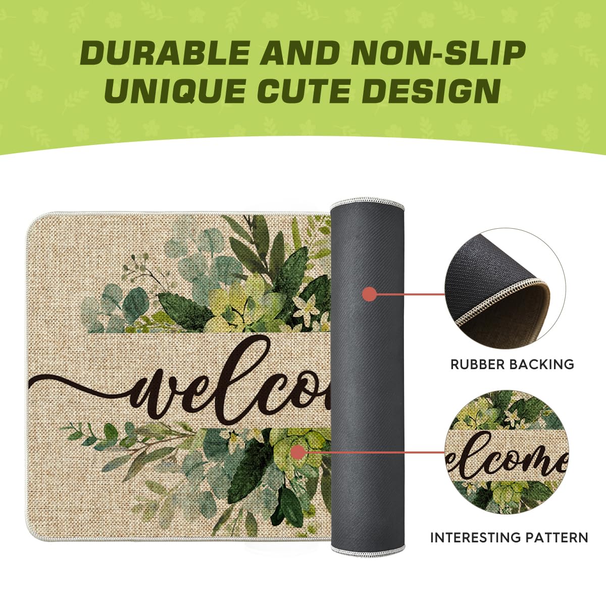 Artoid Mode Eucalyptus Floral Leaves Welcome Spring Doormat, Summer Decor Low-Profile Switch Rug Door Mat Floor Mat for Indoor Outdoor 17x29 Inch