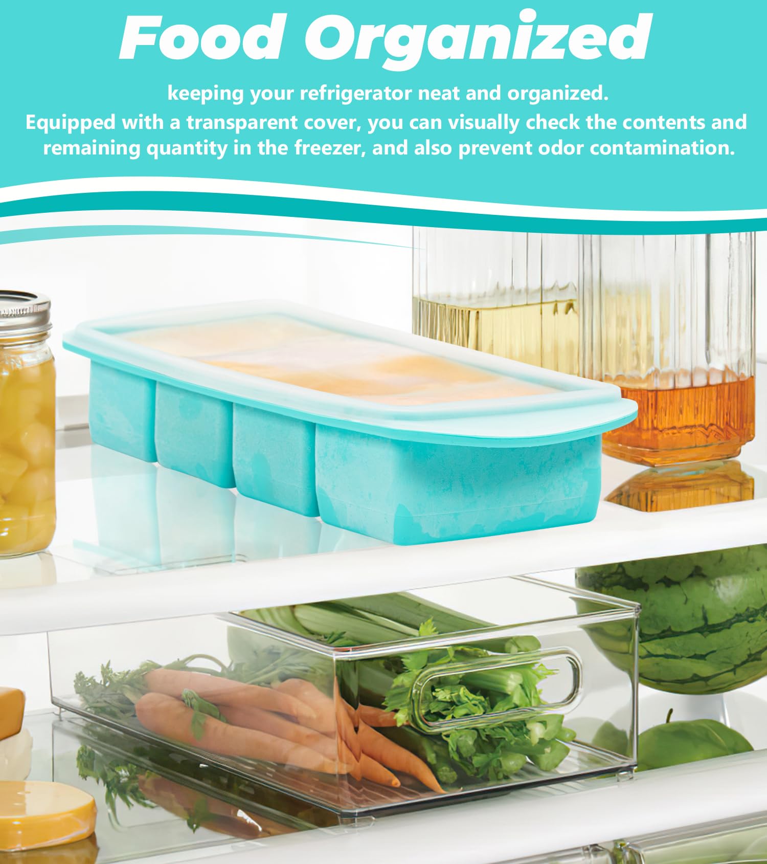 Soup Freezer Container, 2 Packs Silicone Freezer Mould with Lid, Large Ice Cube Tray, 4-Compartment Meal Prep Food Soup Storage Containers, Blue (4-Compartment-2Pc)