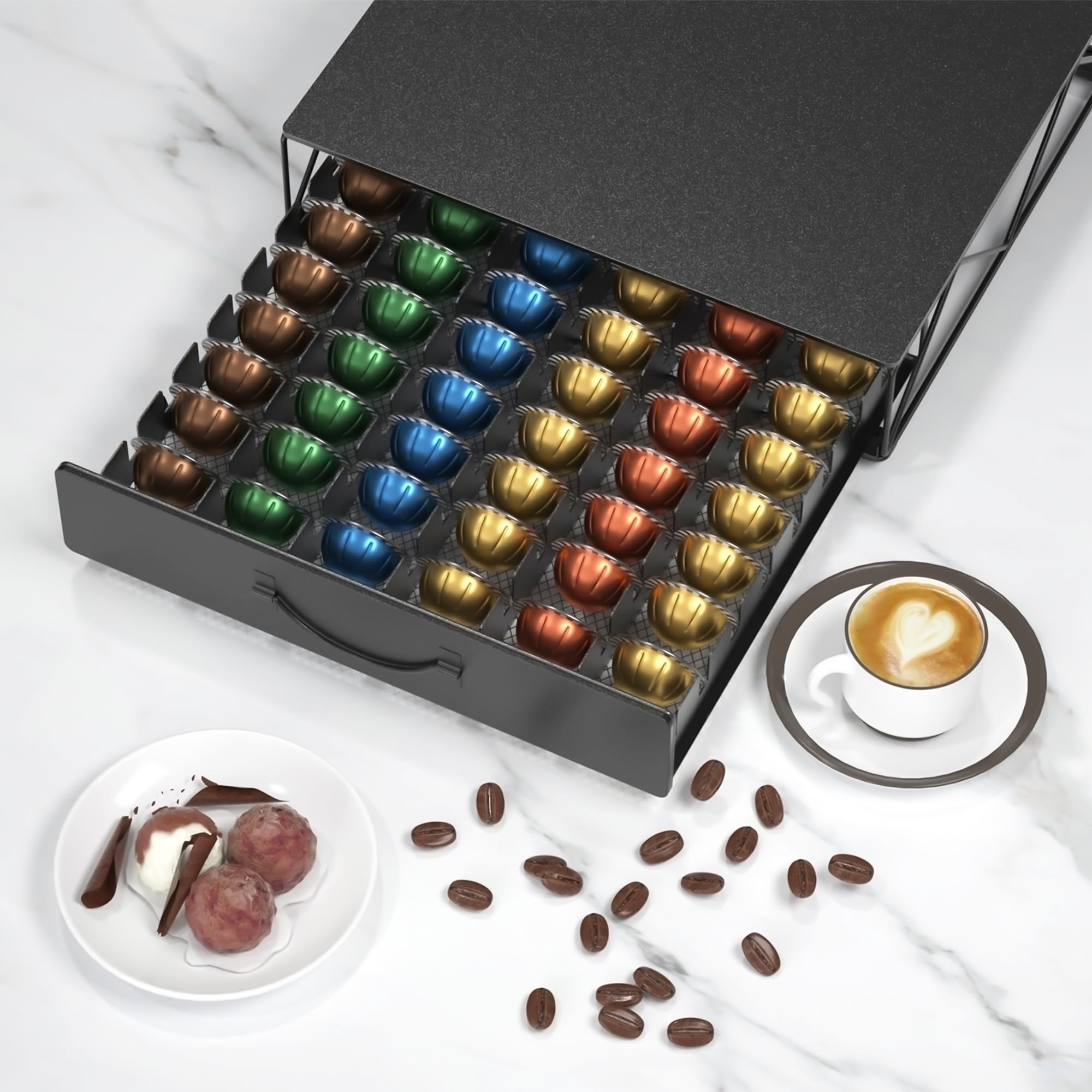 HFHOME Coffee Pod Drawer, 48 Vertuoline Capsules Holder, Pods Storage Drawer Holder for 36 K Cup, Metal Coffee Station for Nespresso Vertuo Capsules for Home Office Counter, Black