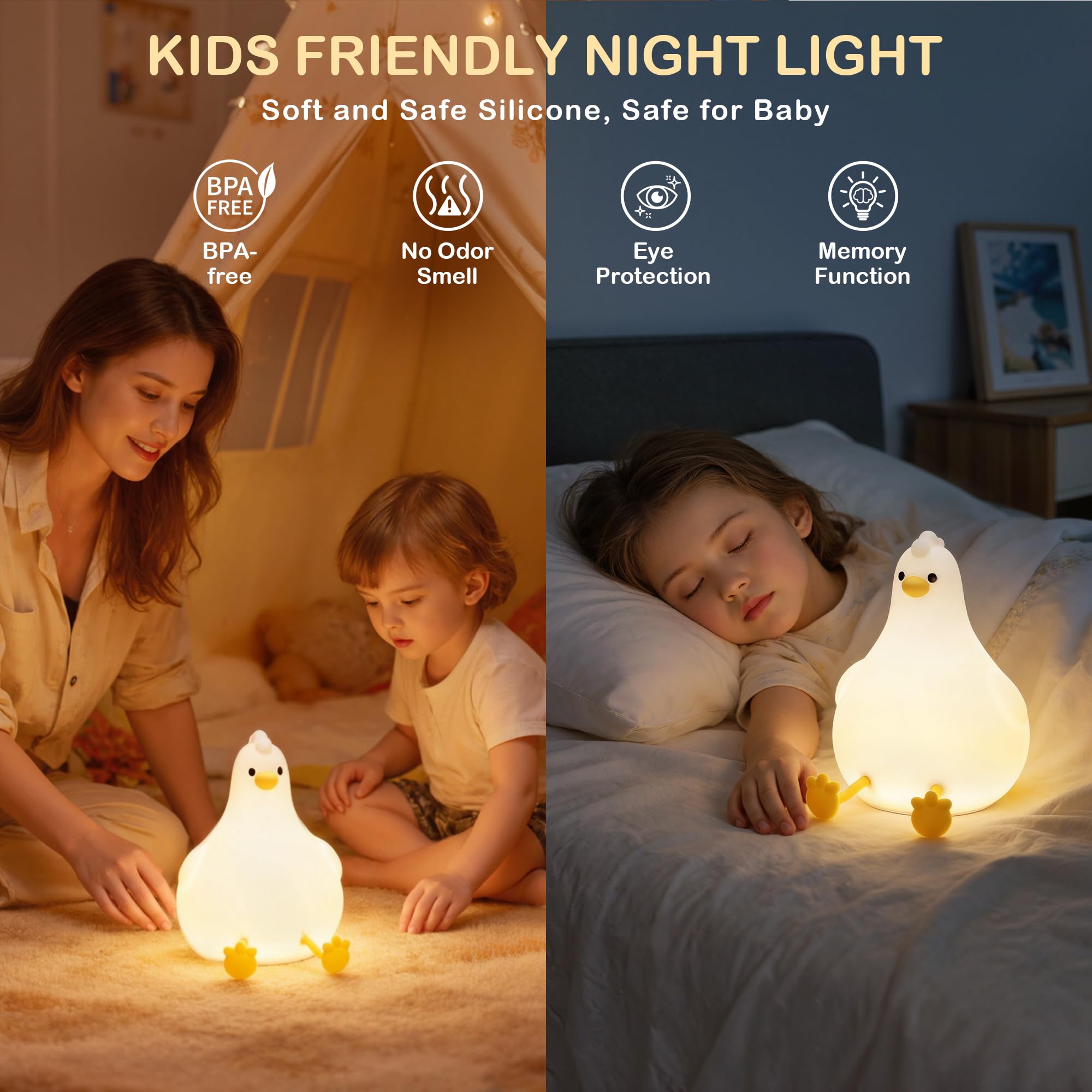 Auxmir Peepi Chick Night Light, Rechargeable LED Night Lamp with 7 Color Modes & 3 Level Brightness, Silicone Sleep Touch Night Light with Timer for Bedroom Nursery Decor, Ideal Gift for Baby Kids