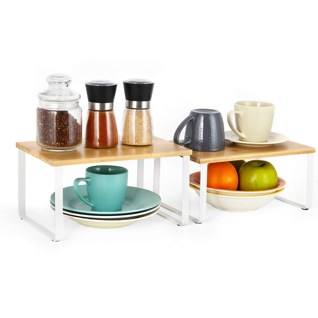 NEX Kitchen Cabinet and Counter Shelf Organizer, Stackable & Expandable, White and Natural