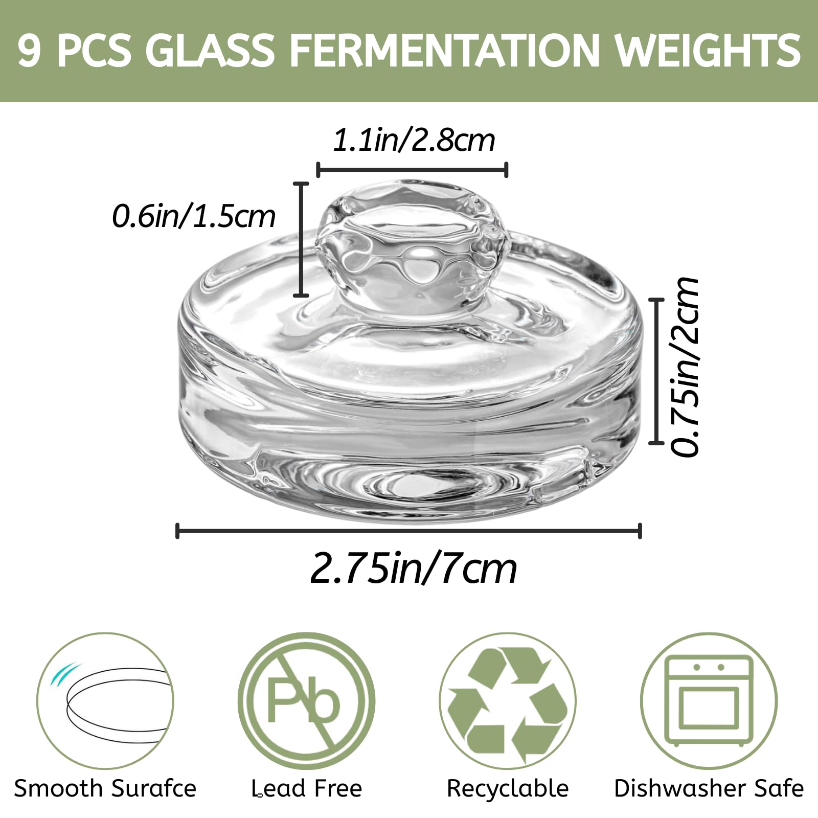 YOUEON 9 Pack Fermentation Glass Weights with Easy Grip Handles for Wide Mouth Mason Jars, Pickling Jars, Glass Fermentation Weights for Fermenting Kit, Sauerkraut, Kimchi and More