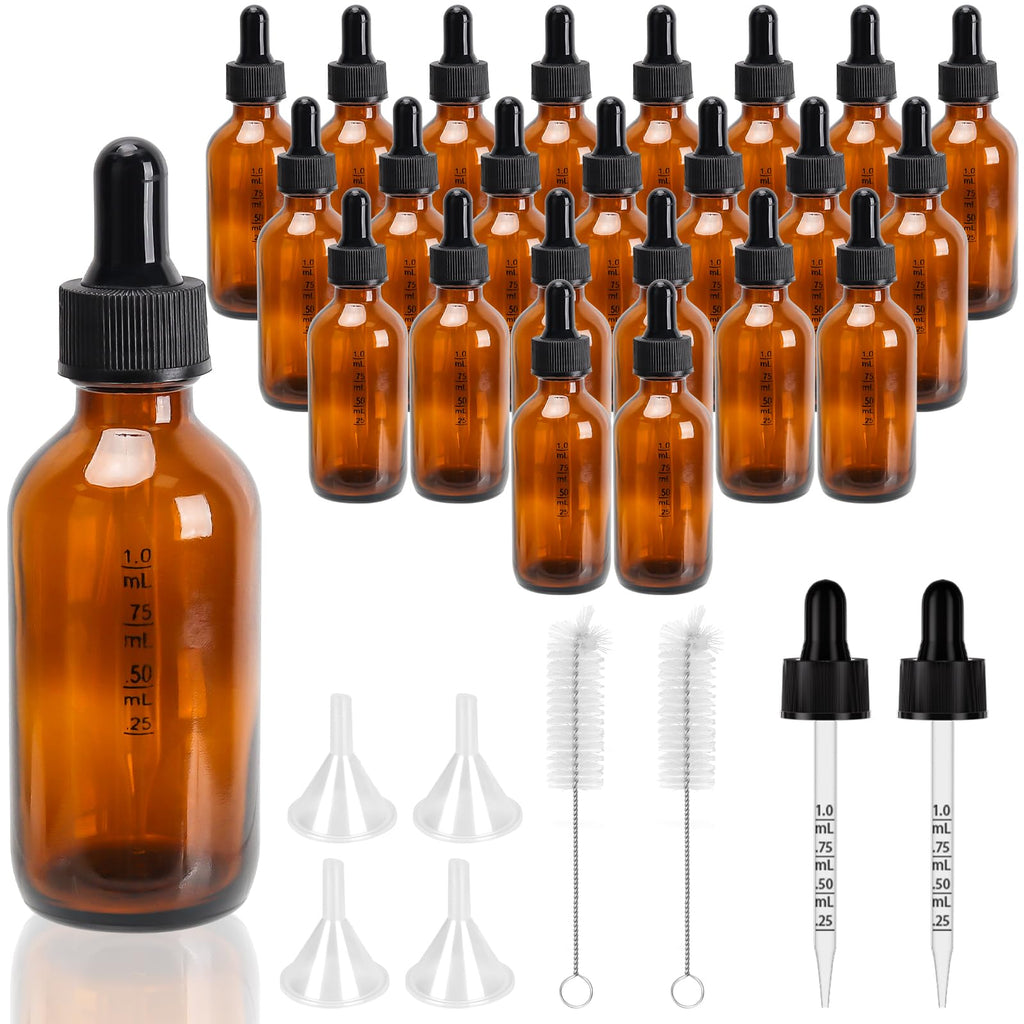 24 Pack 2 oz Glass Dropper Bottles with Measured Dropper - 60 ml Dark Amber Tincture Bottles for Essential Oils, Perfumes, Aromatherapy, Chemistry Lab Chemicals