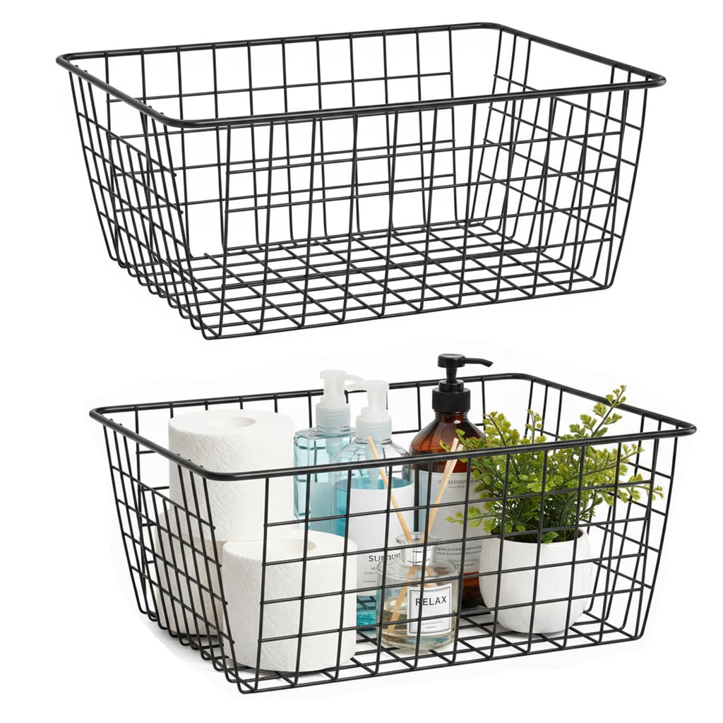 HDYOUDO Metal Black Large Wire Basket Food Storage Organizer,pantry organizers and storage for Organizing Kitchen Cabinets potato onion, 2 Pack