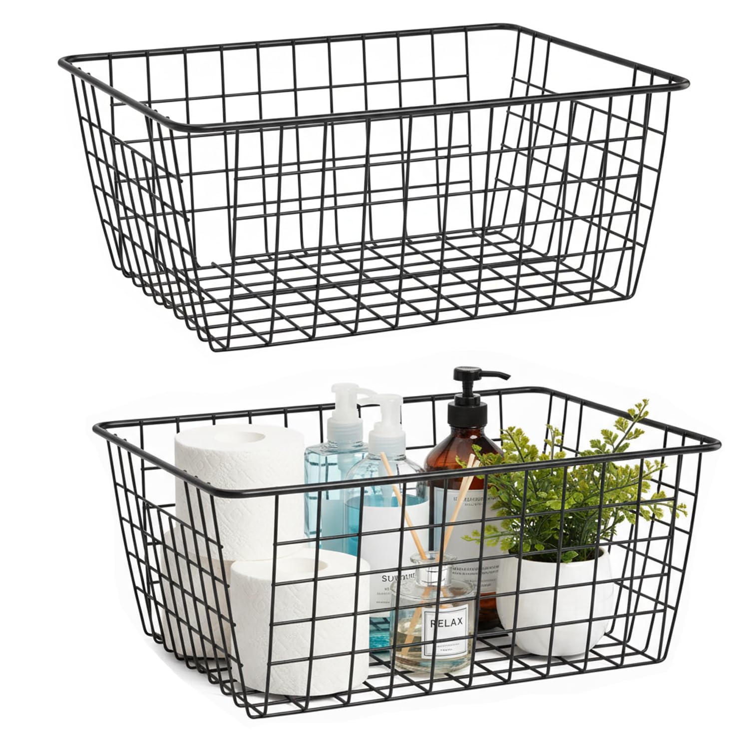 HDYOUDO Metal Black Large Wire Basket Food Storage Organizer,pantry organizers and storage for Organizing Kitchen Cabinets potato onion, 2 Pack