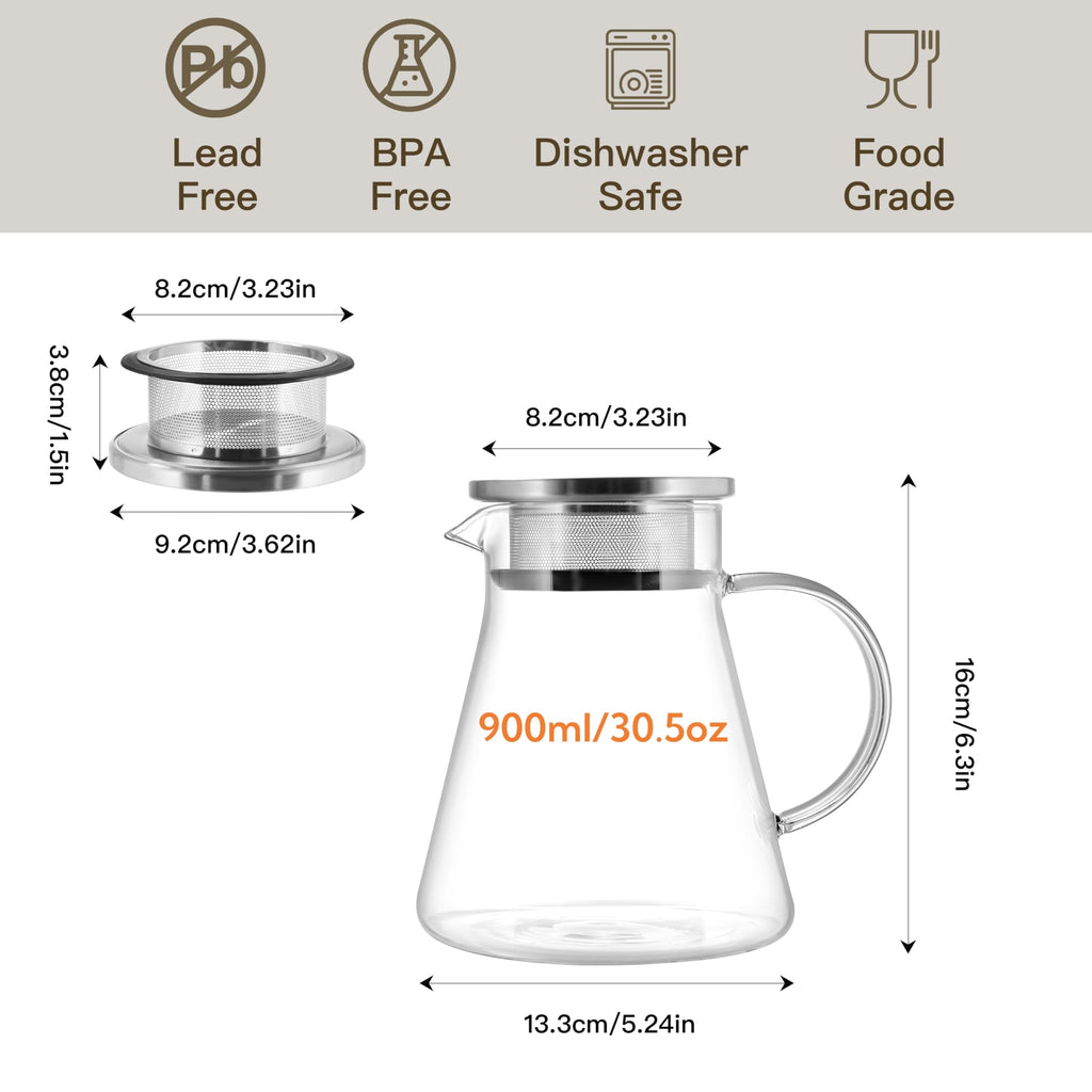 CNGLASS 30.5oz/900ml Glass Teapot Stovetop Safe,One-Touch Clear Tea Kettle,Blooming and Loose Leaf Tea Maker Set