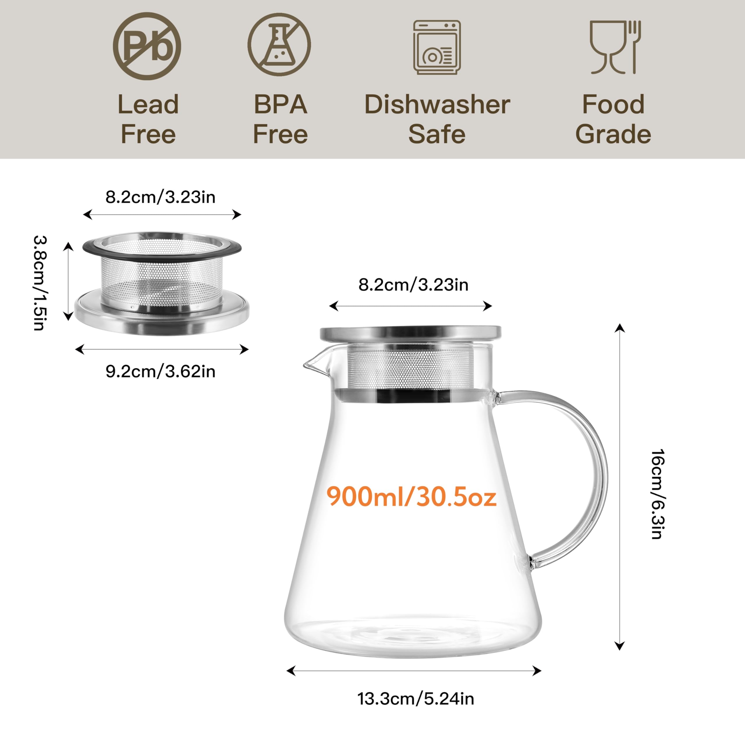 CNGLASS 30.5oz/900ml Glass Teapot Stovetop Safe,One-Touch Clear Tea Kettle,Blooming and Loose Leaf Tea Maker Set