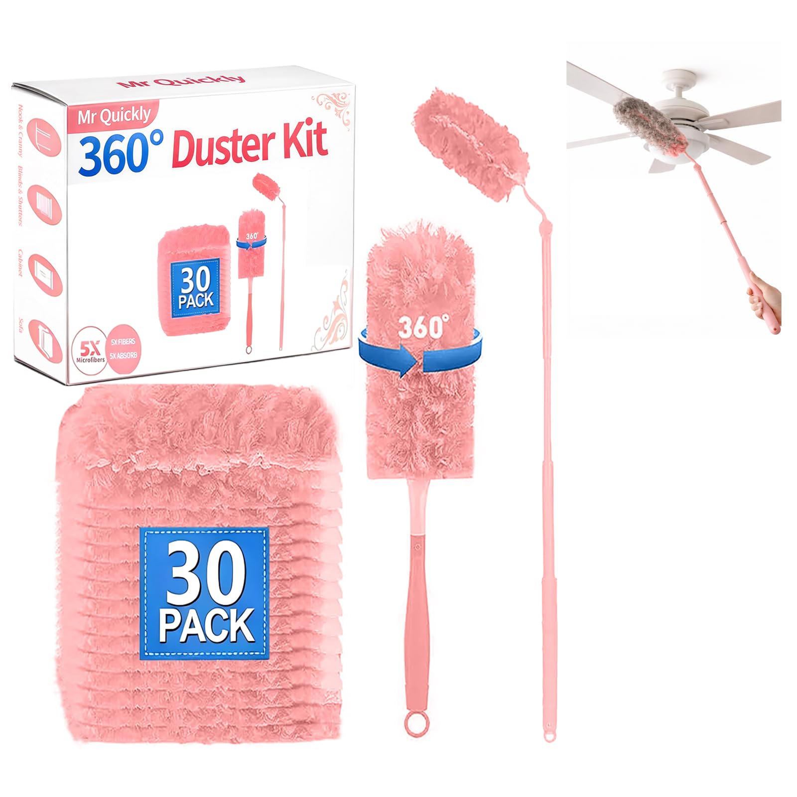 30 Count Pink Duster Refills Compatible with Swiffer Handle, 360° Multi-Surface Duster Refills with 2 Handle, 5X Microfibers Disposable Dusters for Cleaning Pet Hair, Home, Office, Blinds, Furniture