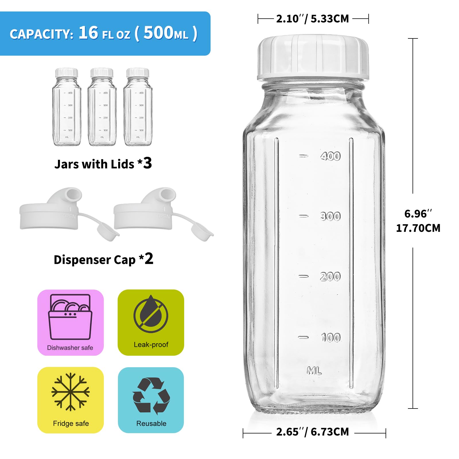 Syntic Glass Juice Bottles with Airtight Lids, 3 Pack Clear Glass Water Bottles with 2 Pour Spouts - 16 Oz Reusable Milk Jug w Scale Mark for Juicing Containers, Breast Milk Storage, Drinking Jar