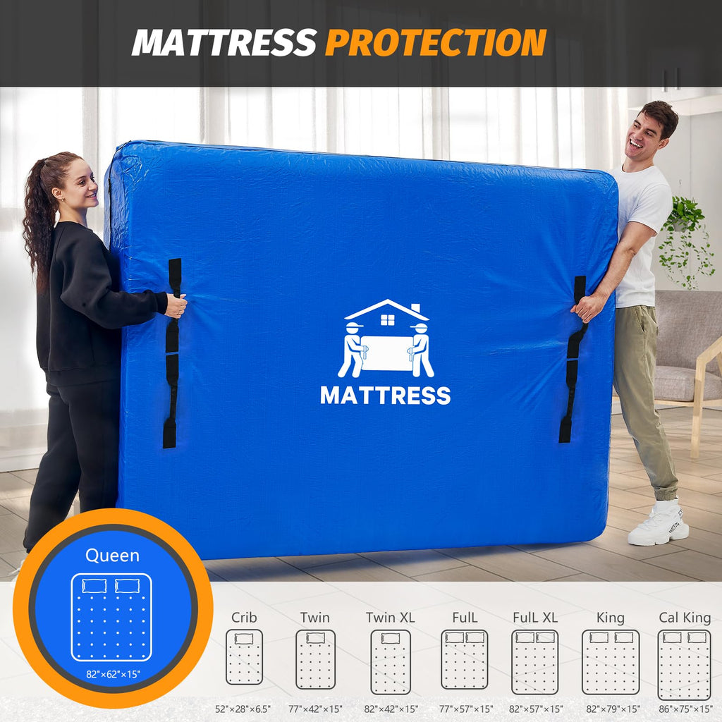 Mattress Bag for Moving, BETU Waterproof Mattress Protector Mattress Cover (Queen) Storage Bags with 8 Heavy-Duty Handles and Zipper for Bed Extra Thick Large Reusable (82"x62"x15" Blue)