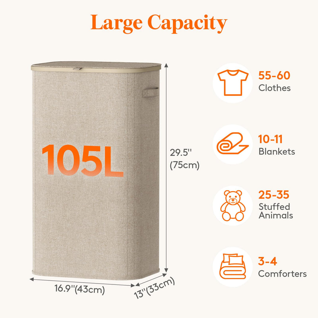 Lifewit 105L Laundry Basket with Lid, Large Laundry Hamper with Handles and Removable Bag, Collapsible Tall Dirty Clothes Hamper for Laundry Room, Bedroom, Bathroom, Dorm, Beige
