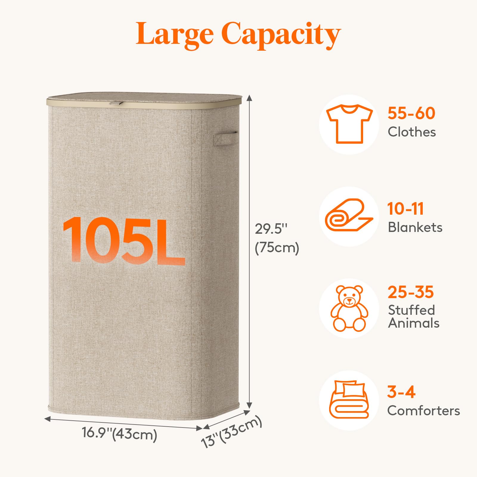 Lifewit 105L Laundry Basket with Lid, Large Laundry Hamper with Handles and Removable Bag, Collapsible Tall Dirty Clothes Hamper for Laundry Room, Bedroom, Bathroom, Dorm, Beige