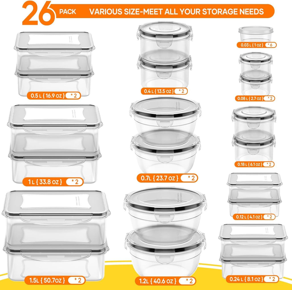 52 PCS Food Storage Containers with Lids Airtight (26 Lids & 26 Containers)-Plastic Leakproof Meal-Prep Container for Kitchen Storage Organization Microwave/Dishwasher Safe with Labels & Pen (26 pcs)