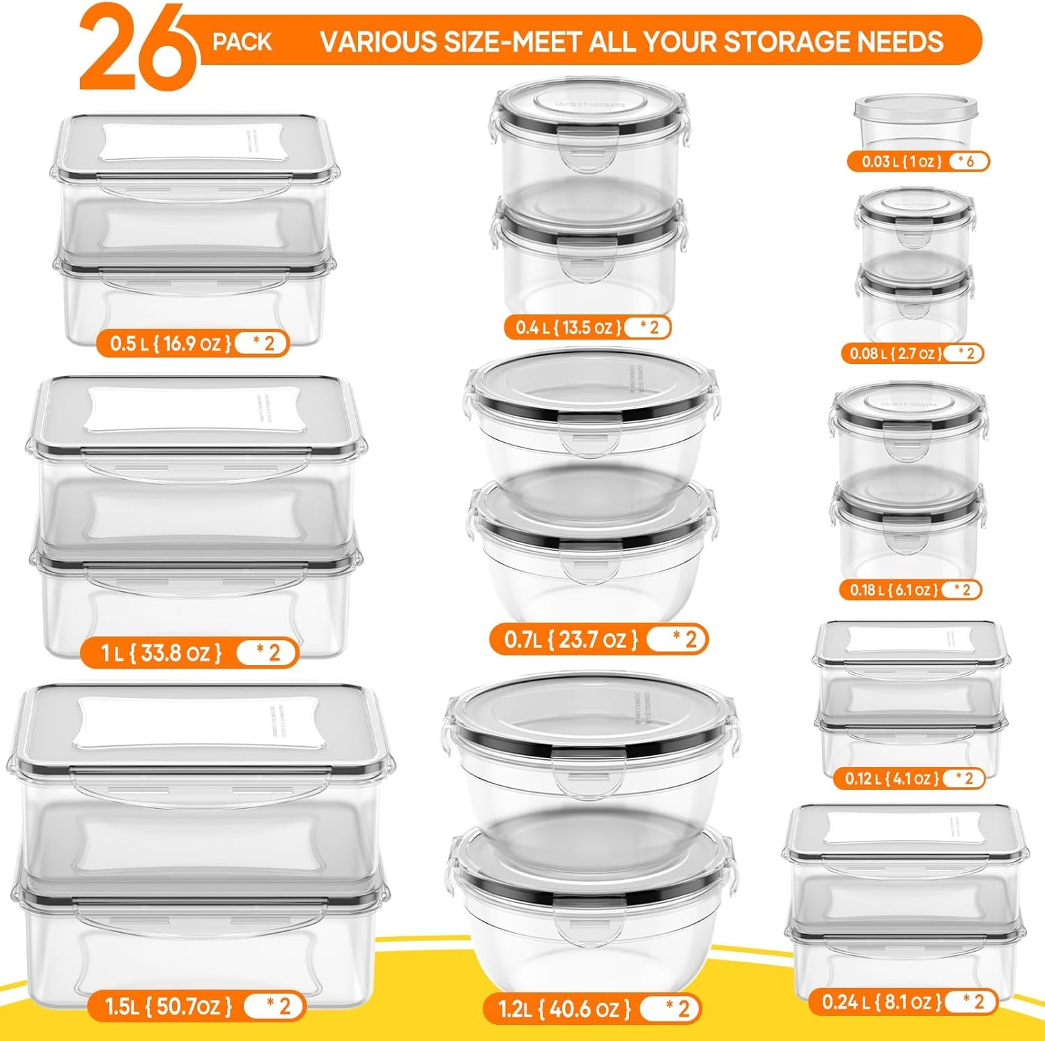 52 PCS Food Storage Containers with Lids Airtight (26 Lids & 26 Containers)-Plastic Leakproof Meal-Prep Container for Kitchen Storage Organization Microwave/Dishwasher Safe with Labels & Pen (26 pcs)