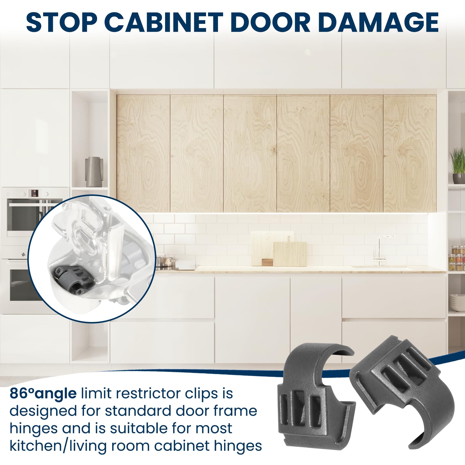 86 Degree Angle Restrictor Restriction Clips (50Pack), Hinge Restrictors for Cabinet Doors, Fit for Face Frame Hinges Kitchen Cabinet Door Restraints EH89