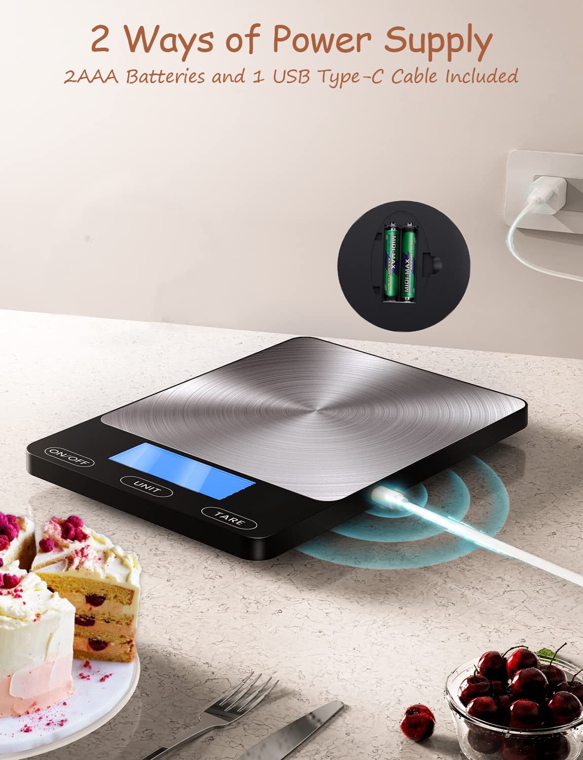 Food Scale -33lb Digital Kitchen Scale for Food Ounces Grams Rechargeable 304 Stainless Steel,Batteries and Type-C Charging | Perfect for Meal Prep, Cooking, and Baking, Blue