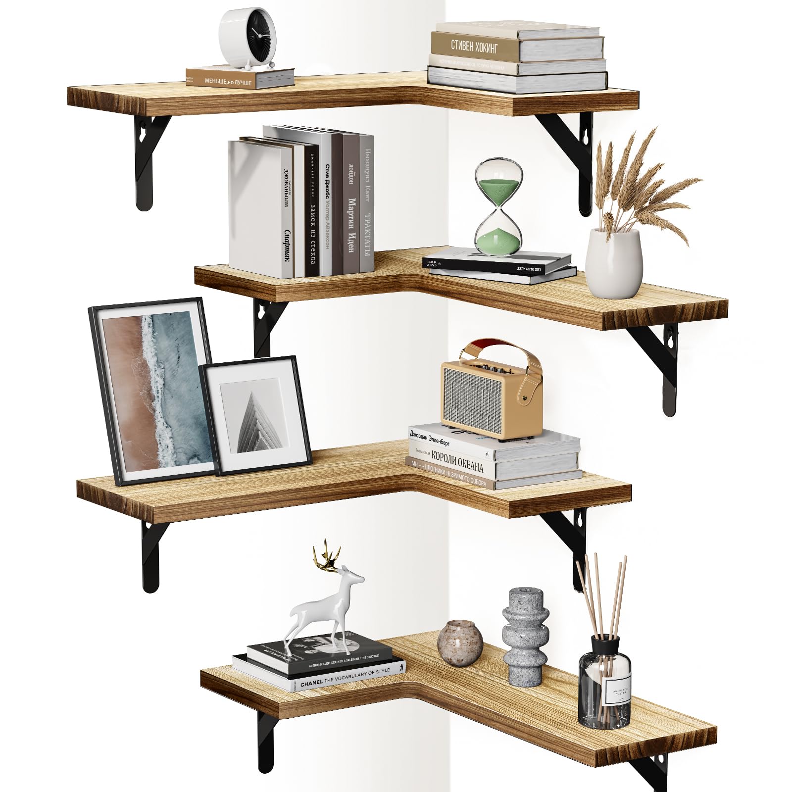 AMADA HOMEFURNISHING Corner Floating Shelves, Set of 4 Corner Shelves Wall Mounted, Shelves for Wall Decor, Corner Wood Shelves for Home Decor, Office, Bedroom, Bathroom, Laundry Room, Kitchen