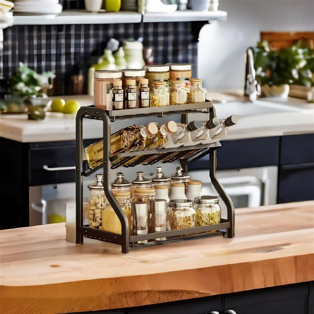 DadaoEC 3 Tier Countertop Organizer For Kitchen Black Steels Cooking oil bottle and Spice Seasoning Sauce storage rack Metal counter shelf for Cupboard