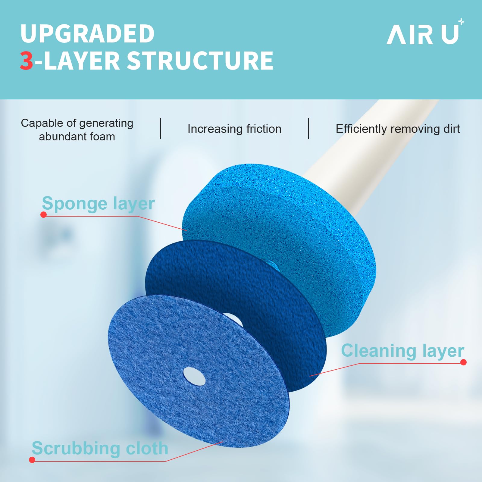AIR U+ Disposable Toilet Brush Set, Toilet Bowl Cleaning System- 1 Toilet Wand, 1 Storage Caddy, 1 Fragrant Tablet and 24 Brush Refill Heads for Bathroom Cleaning