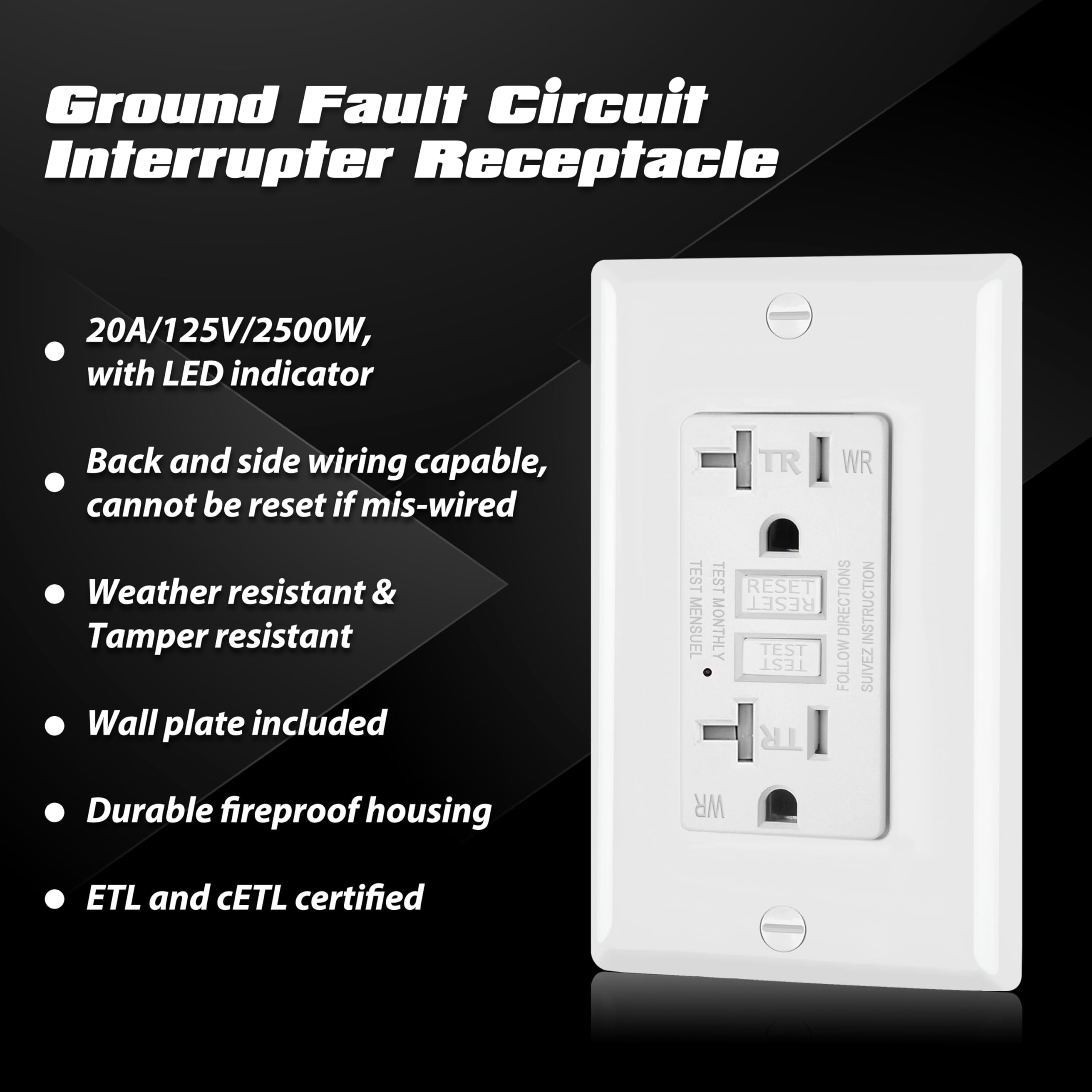 ELECTECK 2 Pack GFCI Outlets 20 Amp, Outdoor Weather Resistant (WR), Decor GFI Receptacles with LED Indicator, Ground Fault Circuit Interrupter, Wallplate Included, ETL Certified, White