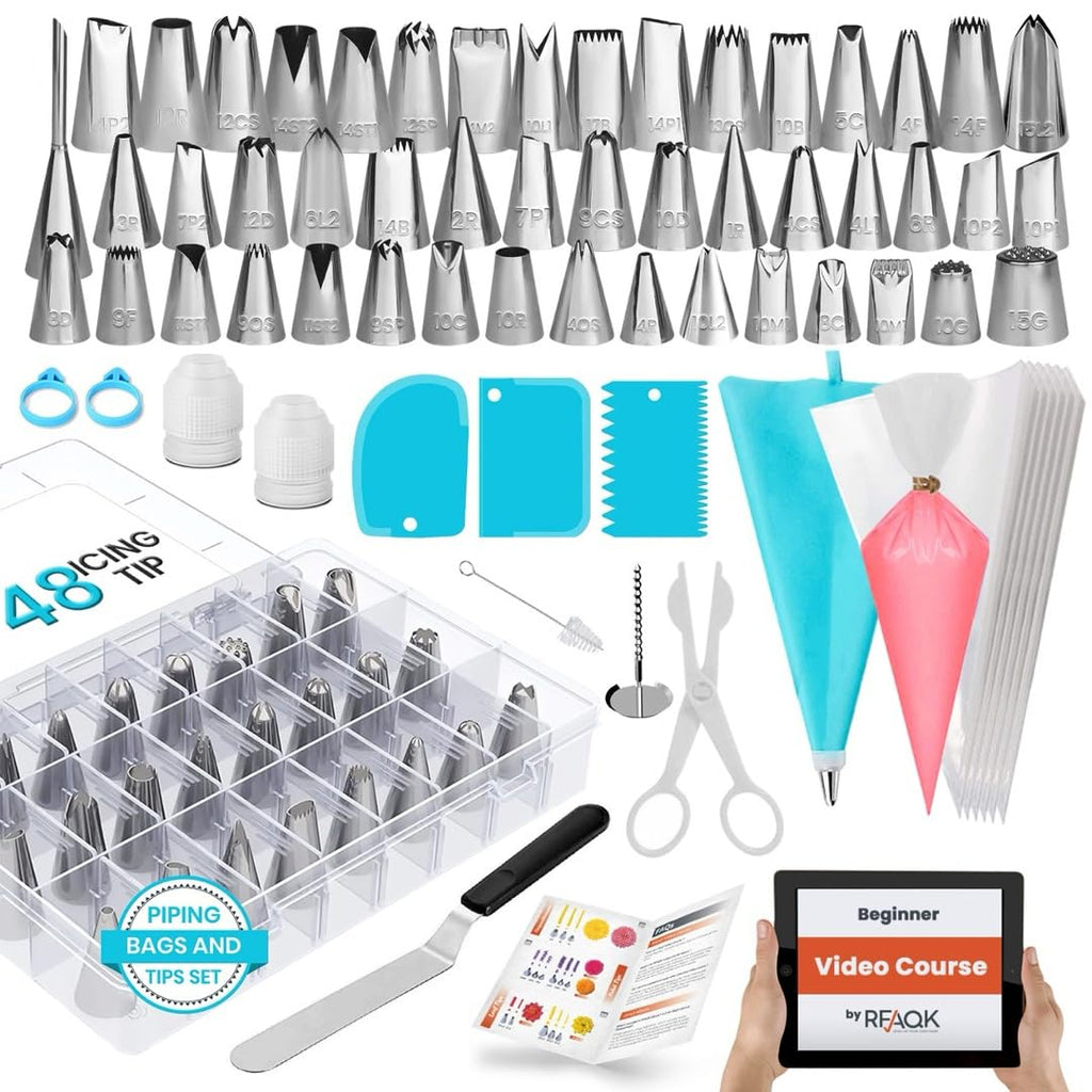 Piping Bags and Tips | RFAQK 100 PCs Cake Decorating Kit with Spatula-Scrappers-48 Numbered Stainless Steel Piping Tips & Icing Bags-Reusable Silicon Bag-Pattern Chart, EBook & Other Icing Piping Set