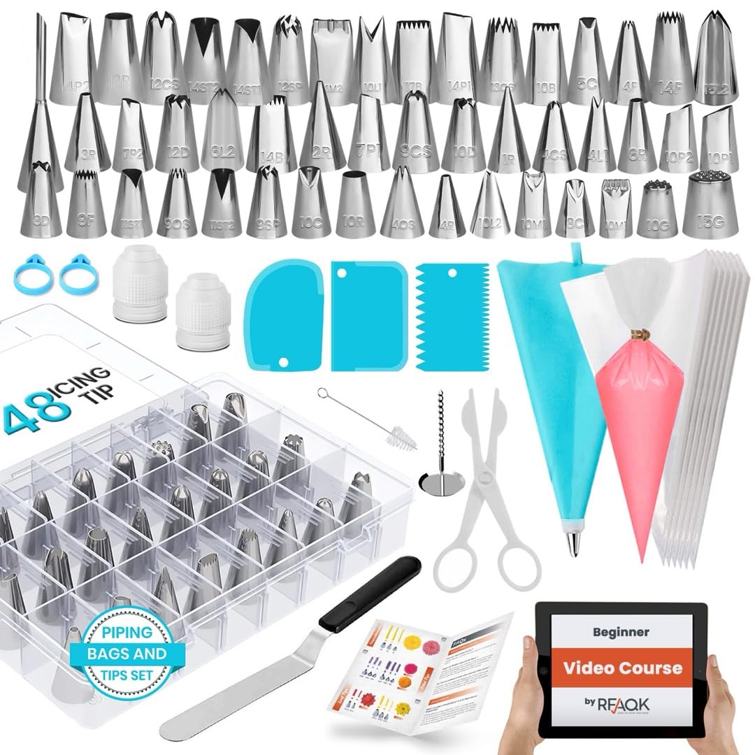 Piping Bags and Tips | RFAQK 100 PCs Cake Decorating Kit with Spatula-Scrappers-48 Numbered Stainless Steel Piping Tips & Icing Bags-Reusable Silicon Bag-Pattern Chart, EBook & Other Icing Piping Set