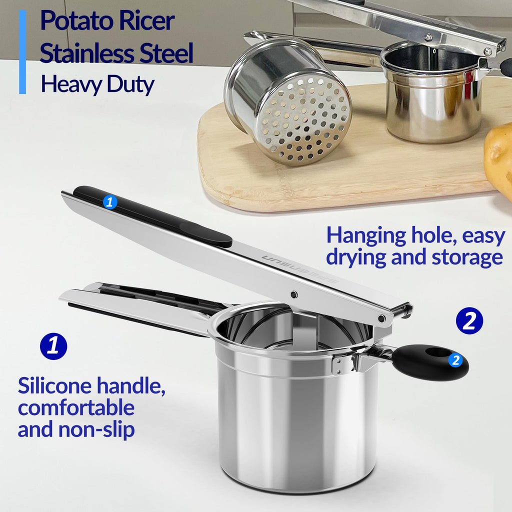 Potato Ricer,Ricer,Large 15oz Heavy Duty Stainless Steel Potato Masher with 2 Interchangeable Cup,Press and Mash Kitchen Tool for Mashed Potatoes,Creates Smooth Creamy Mashed Potato