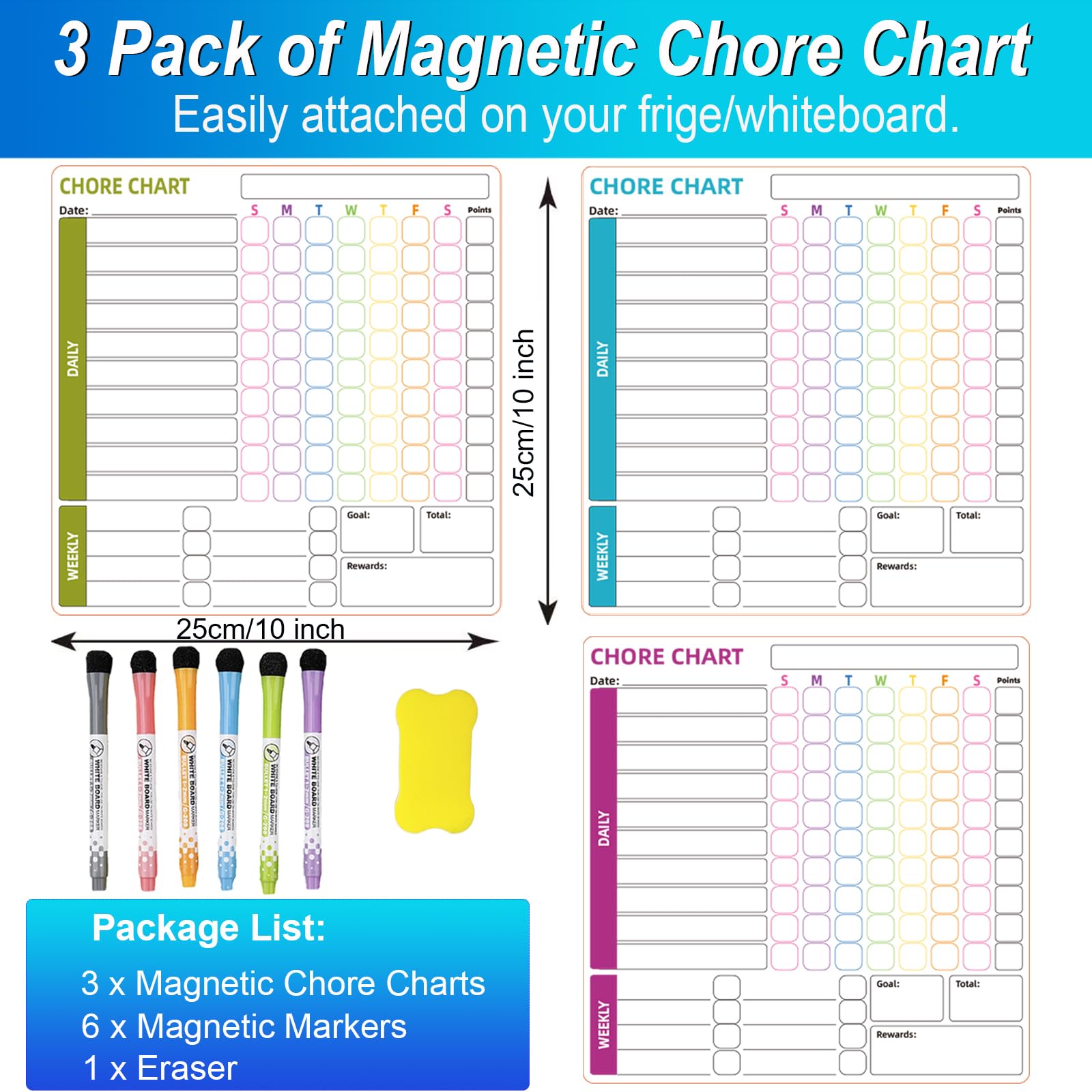 Chore Chart, Uniqcasa 3 Pack Magnetic Chores Chart,Dry Erase Behavior Responsibility Reward Chart Fridge Weekly to Do Memo Checklist with 6 Fine Markers for Teenagers Adults
