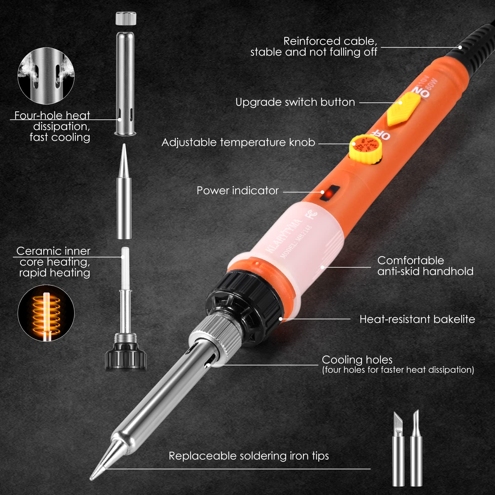 Soldering Iron Kit, KLARYTYMA 60W Upgraded Soldering Iron with ON-Off Switch, Adjustable Temperature and Fast Heating Thermostatic Design, for Circuit Board Repair and Electronic DIY Project