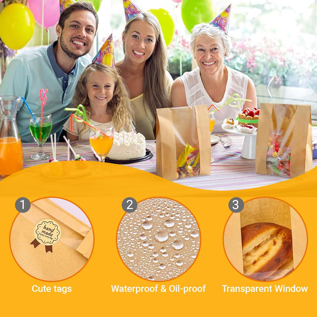 60Pcs Paper Bread Bags for Homemade Bread, Sourdough bread bags with Window, Brown Kraft Paper Bakery Bags with Label Seal Stickers (13.7x8.2x3.7 inch)
