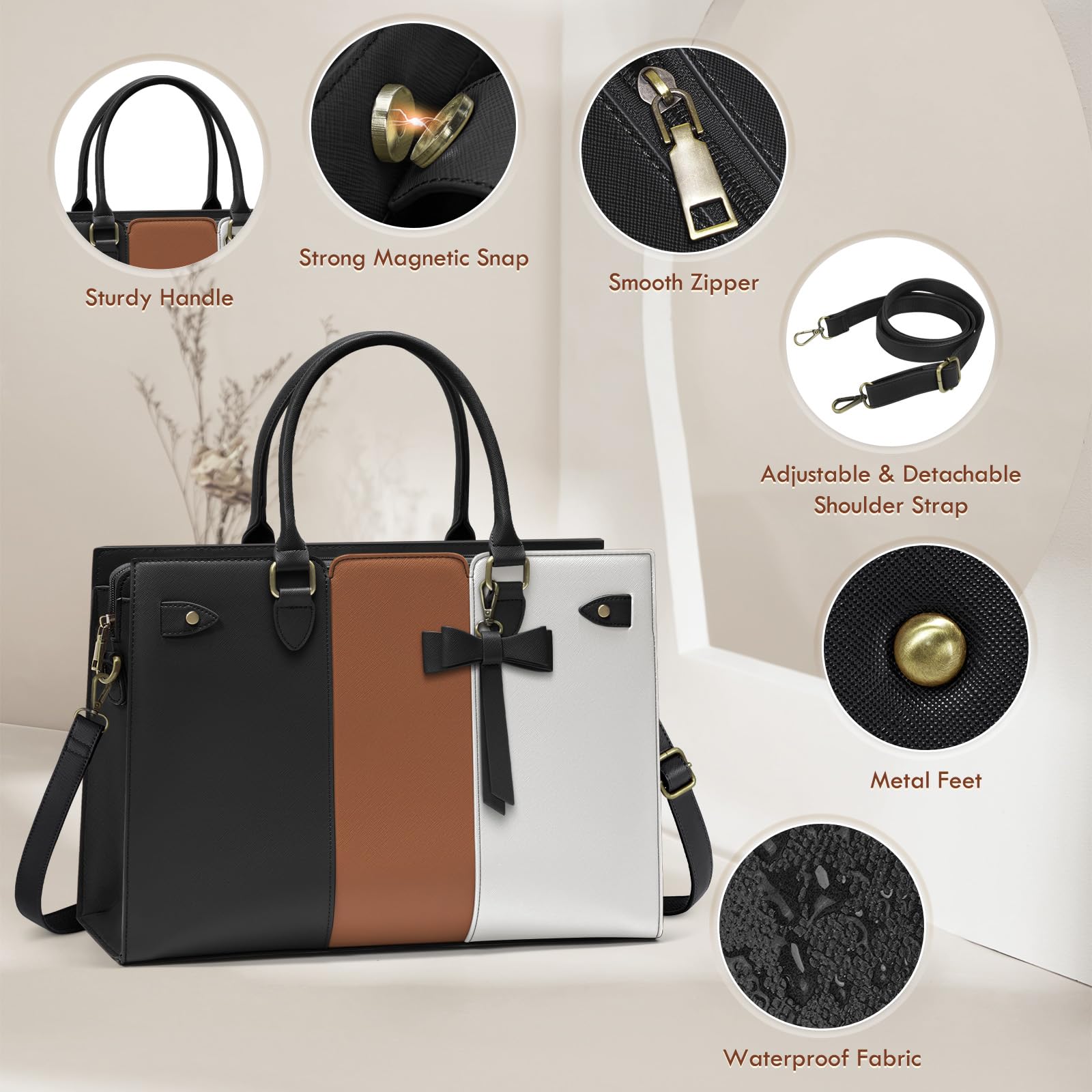 RAINSMORE Elegant Laptop Tote Bag Women 15.6 Inch PU Vegan Leather Computer Work Shoulder Bag Waterproof Briefcase For Business Casual Office Nurse Crossbody Bag With Bow Black & White & Brown