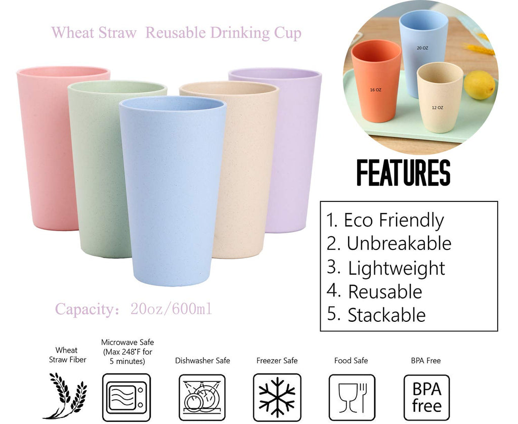 Choary Eco-friendly Unbreakable Reusable Drinking Cup for Adult(20 OZ), Wheat Straw Tumbler Set 5 Dishwasher Safe.