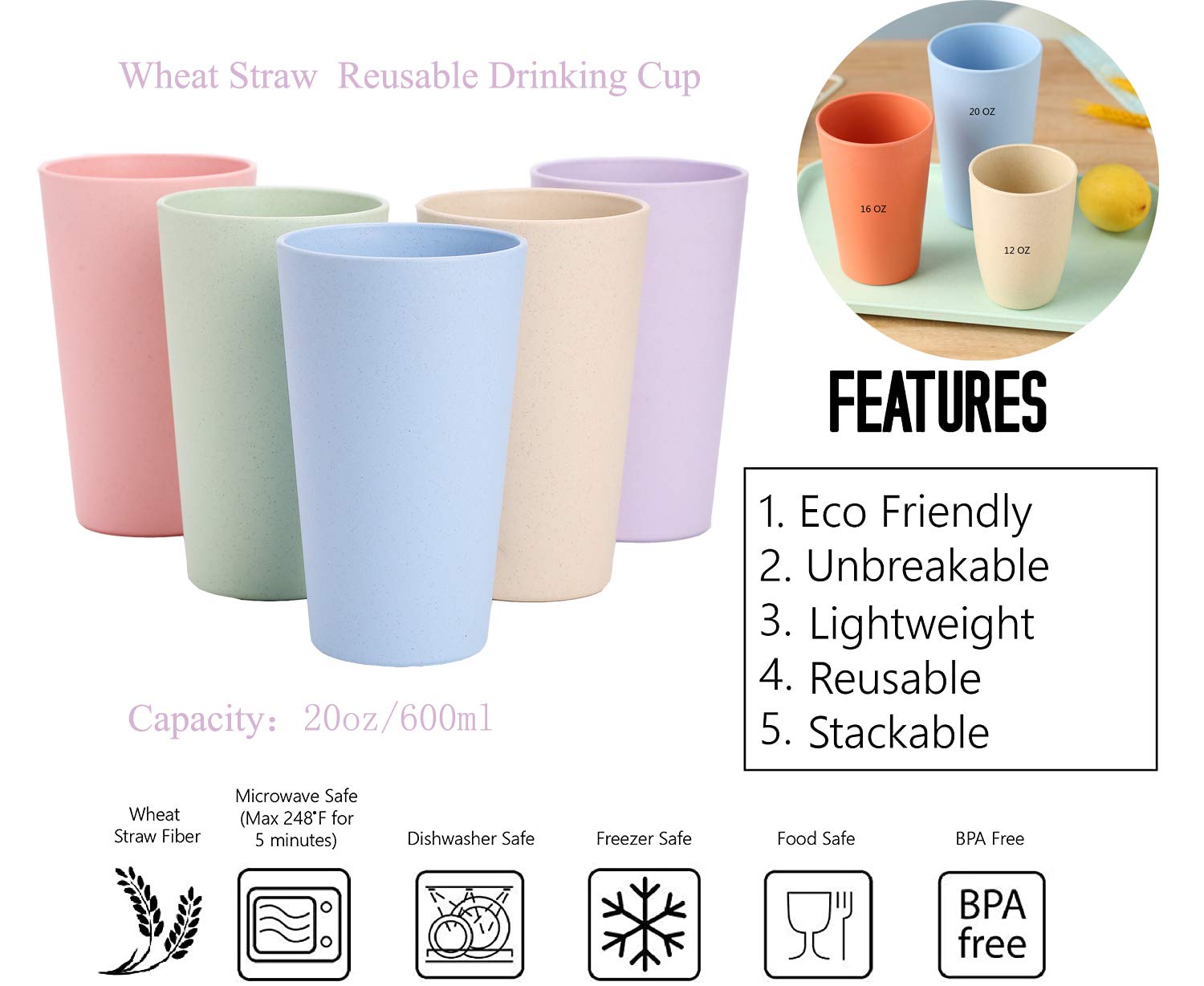 Choary Eco-friendly Unbreakable Reusable Drinking Cup for Adult(20 OZ), Wheat Straw Tumbler Set 5 Dishwasher Safe.