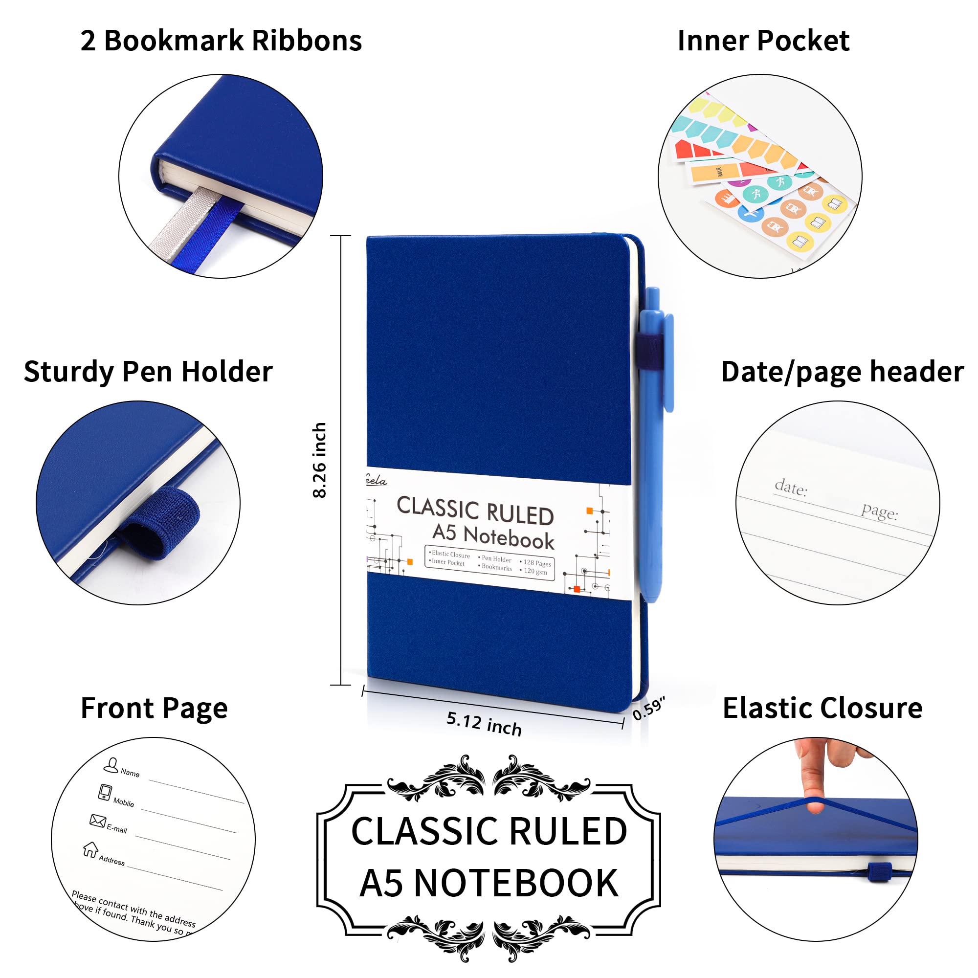 3 Pack Notebooks Journals Bulk with 3 Black Pens, Feela A5 Hardcover Notebook Classic Ruled Lined Journal Set with Pen Holder for Work Business Journaling Note Taking, 120 GSM, 5.1”x8.3”, Navy