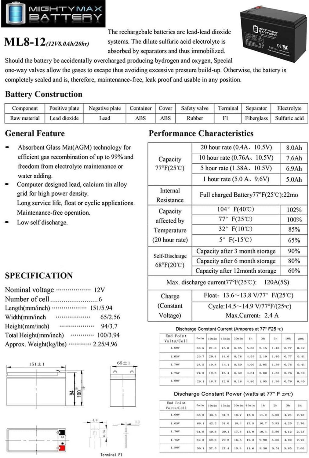 ML8-12 - 12 Volt 8 AH SLA Battery - Mighty Max Battery Brand Product