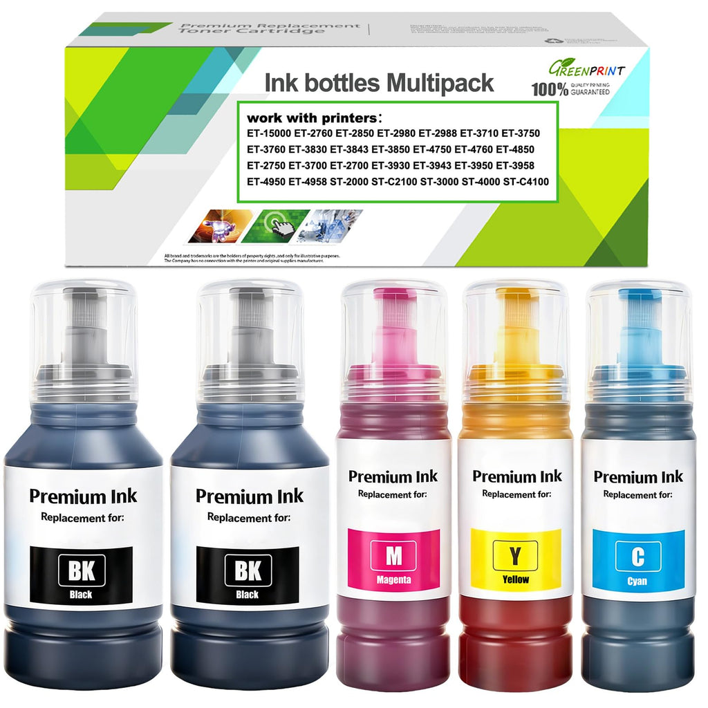 GREENPRINT EPT502 Ink Cartridges Bottle Refill Multipack Replacement for ET-15000 ET-2760 ET-2850 ET-2980 ET-3710 ET-3750 ET-3760 ET-3830 ET-3843 ET-3850 ET-4750 ET-4760 ET-4850 Printer (2BK C M Y)