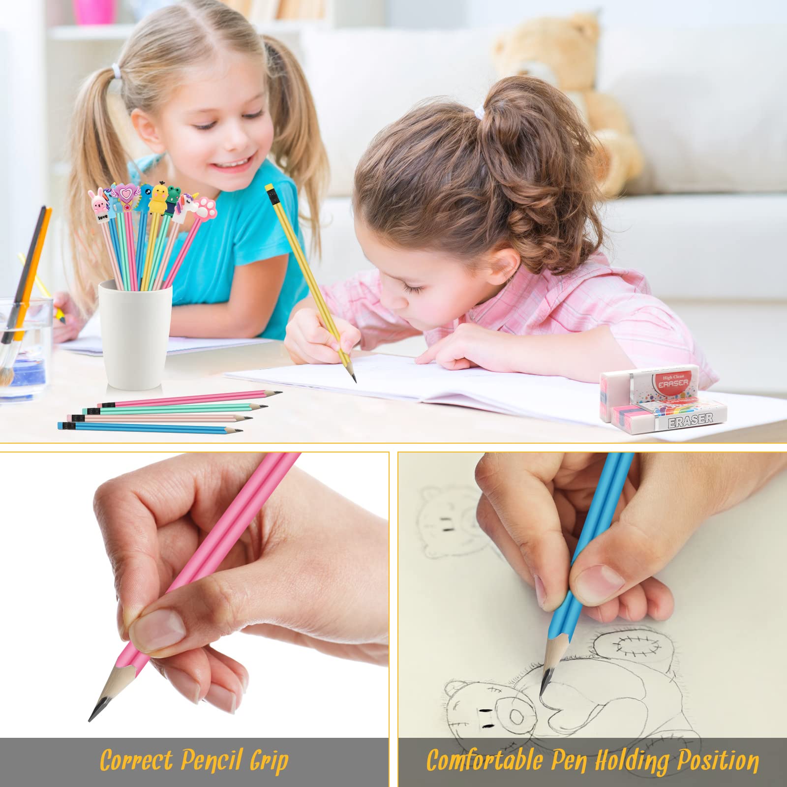 48 Pieces Pencils For Kids, Fun Pencils For Kids,Bulk Pencils With Cute Animal Toppers,Erasers,Pencil Sharpeners for School Office Classroom Party Reward Supplies