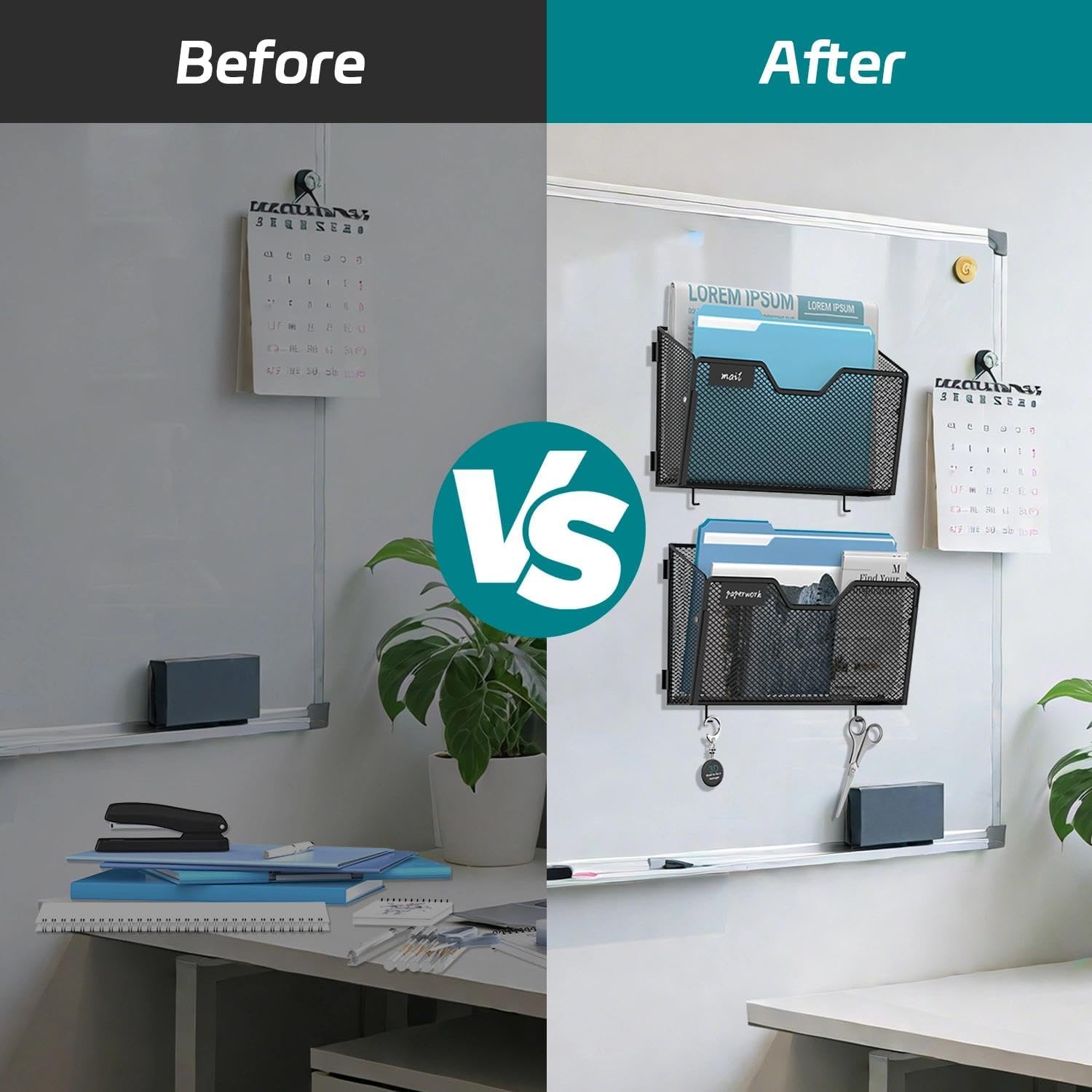 Reeplan 3 Pack Magnetic File Holder Wall File Organizer with Label Panel and 2 Hooks Magnetic Paper Mail Holder for File Office, Cabinets and Whiteboard, Black