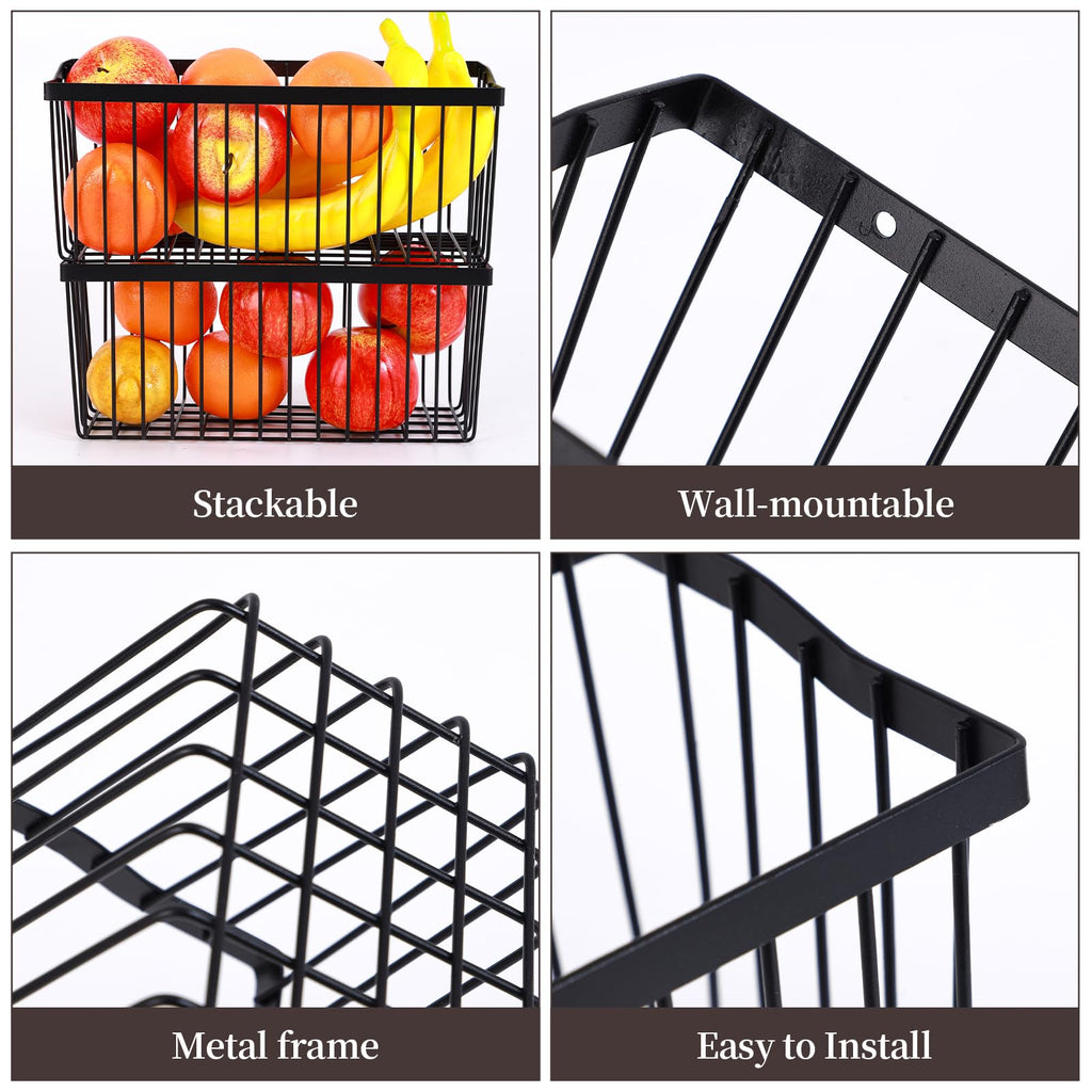 2 Pcs Fruit Basket Wire Baskets, Fruit and Veggie Storage Basket Holder for Kitchen Wall Mounted,Kitchen Organizers and Storage for Snack Onion Potato（Black）