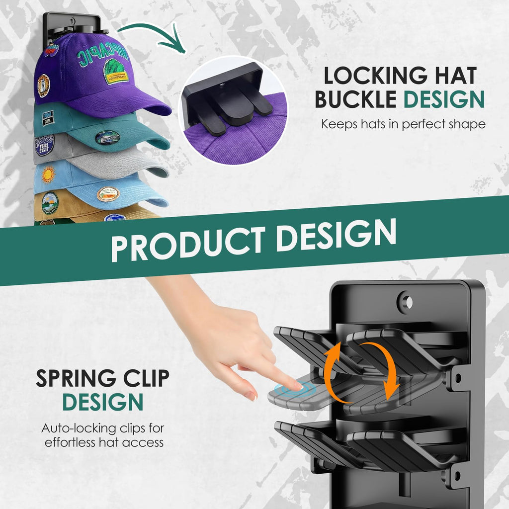 2 Pack Spring Clips Hat Organizer for Baseball Caps – Holds Up to 20 Hats Total (10 per Hook), Hat Rack for Wall Closet Door Entryway and Bedroom, Adhesive or Screw Installation (Black)