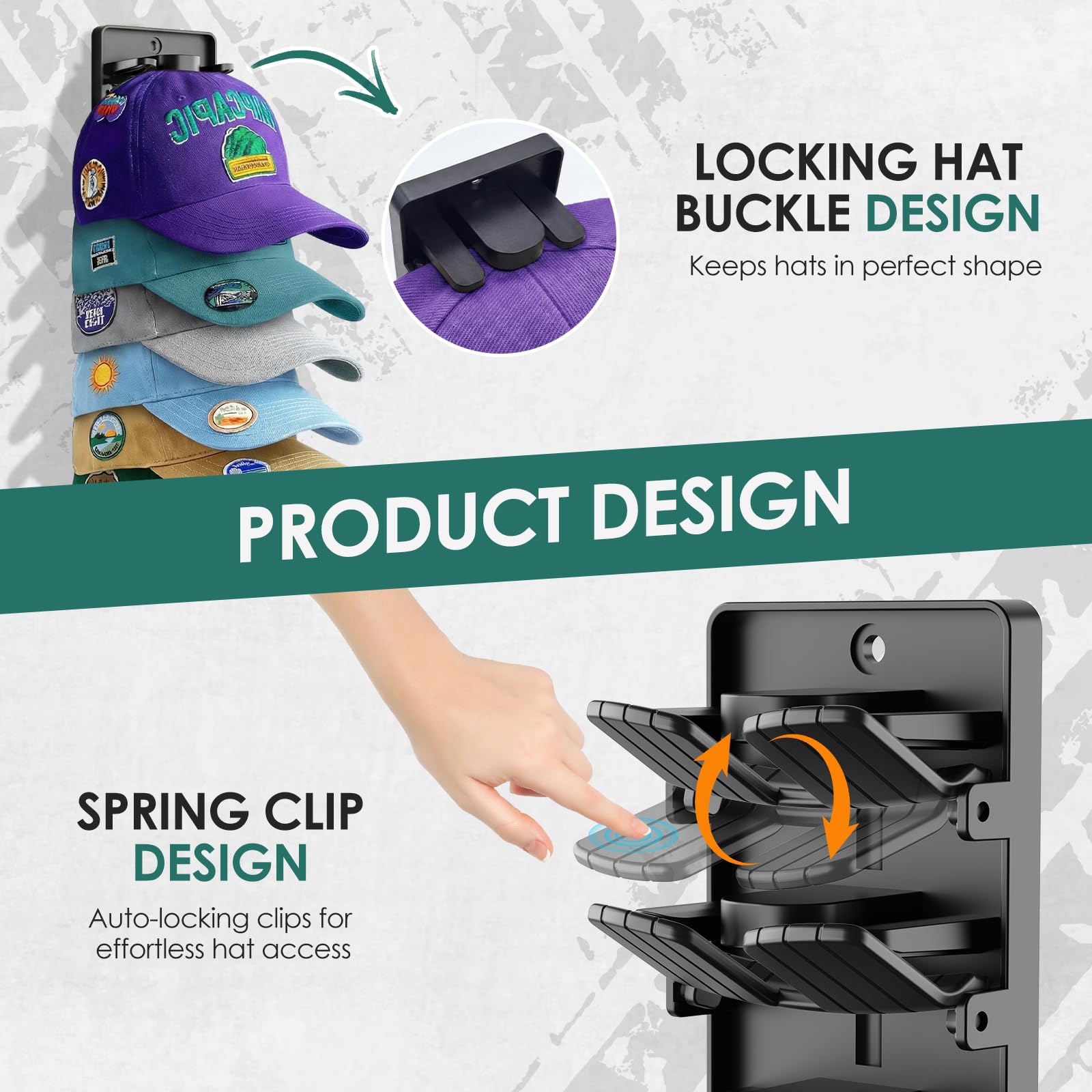 2 Pack Spring Clips Hat Organizer for Baseball Caps – Holds Up to 20 Hats Total (10 per Hook), Hat Rack for Wall Closet Door Entryway and Bedroom, Adhesive or Screw Installation (Black)