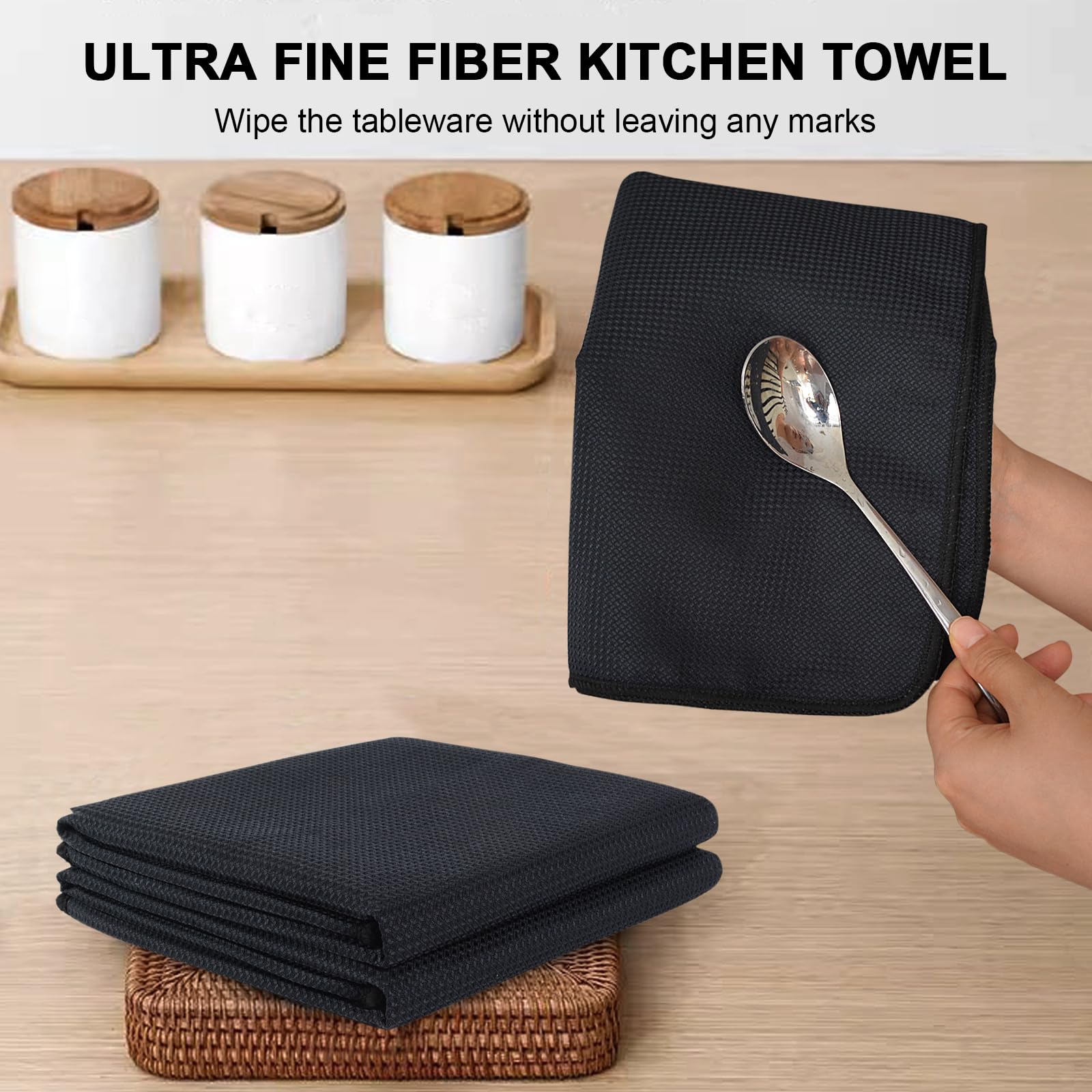 VIVOTE Microfiber Tea Towels, Kitchen Tea Towels, Super Soft, Absorbent and Lint Free, Quick Drying, Barista Towel, Black Tea Towels for Kitchen (50 x 70 cm)
