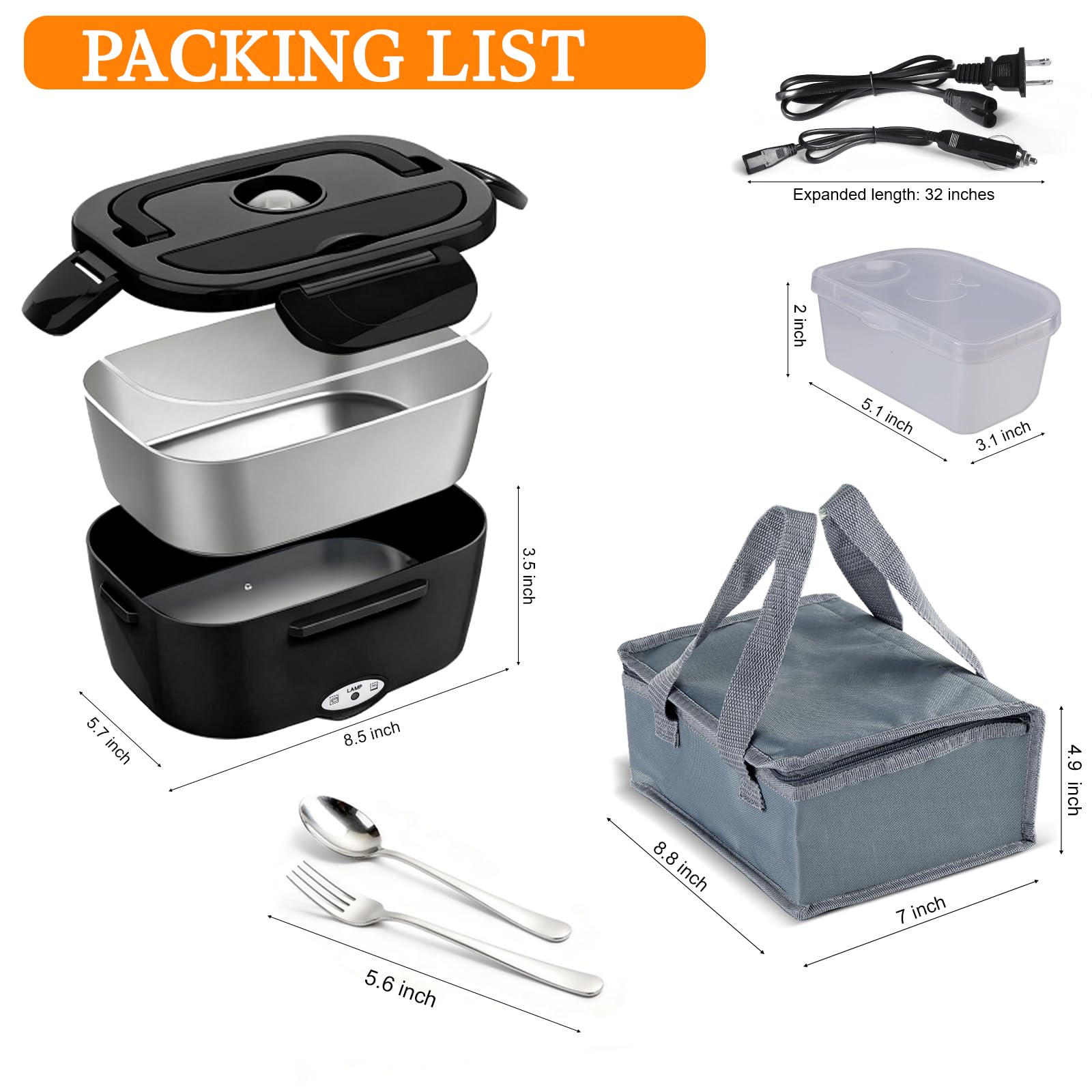 Electric Lunch Box Food Heater| 80W Rapid Heating 3-in-1 (Car 12V/24V & Home 110V) | 1.5L Portable Food Warmer Leak-Proof 304 Stainless Steel | Perfect for Work, Travel, On-The-GO (1.5L-Black)