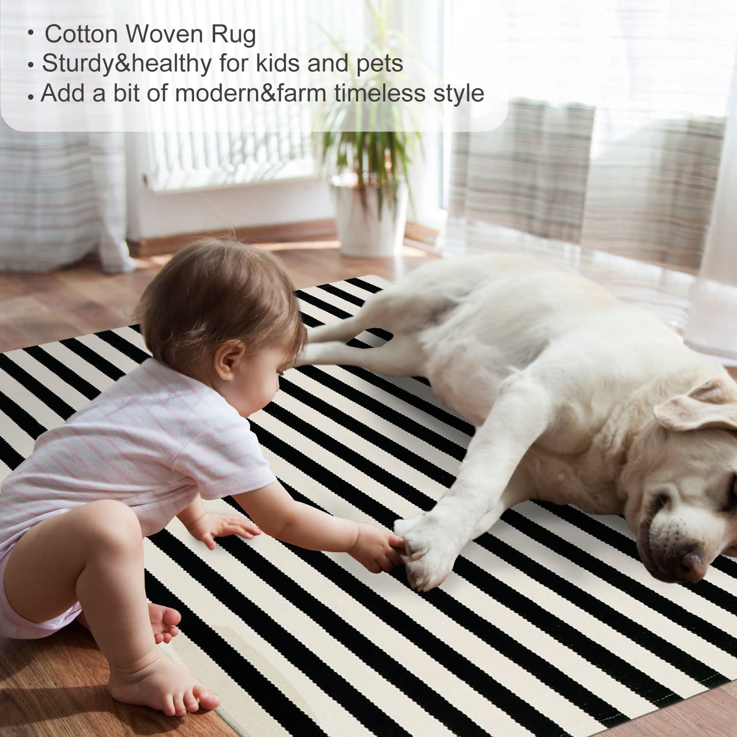 famibay Black and Beige Front Door Mat Outdoor Cotton Handwoven Indoor Outdoor Rug 3x5 Area Rug Washable Farmhouse Striped Welcome Mat Outdoor Courtyard Living Room Front Porch Decor