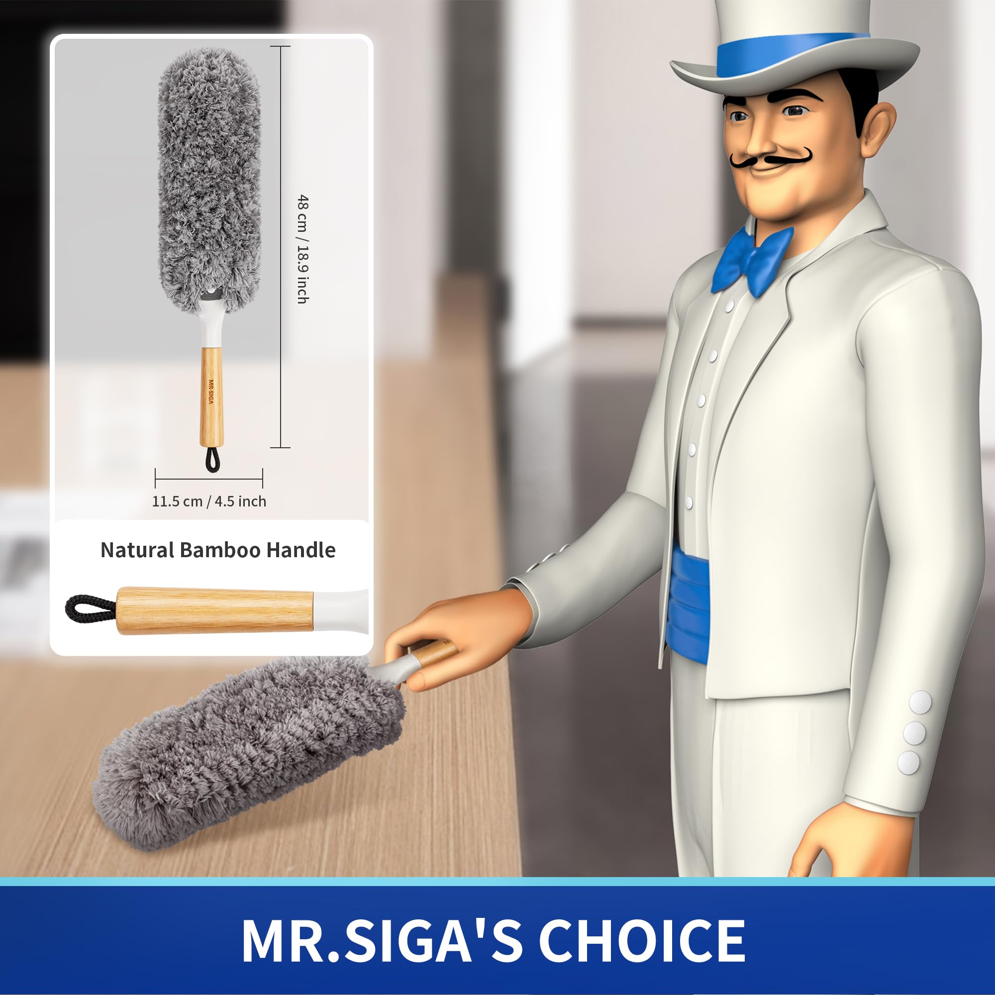 MR.SIGA Lint Free Microfiber Duster, Washable and Reusable Dust Brush with Bamboo Handle and Replaceable Head, Dusting Tool for Household Cleaning