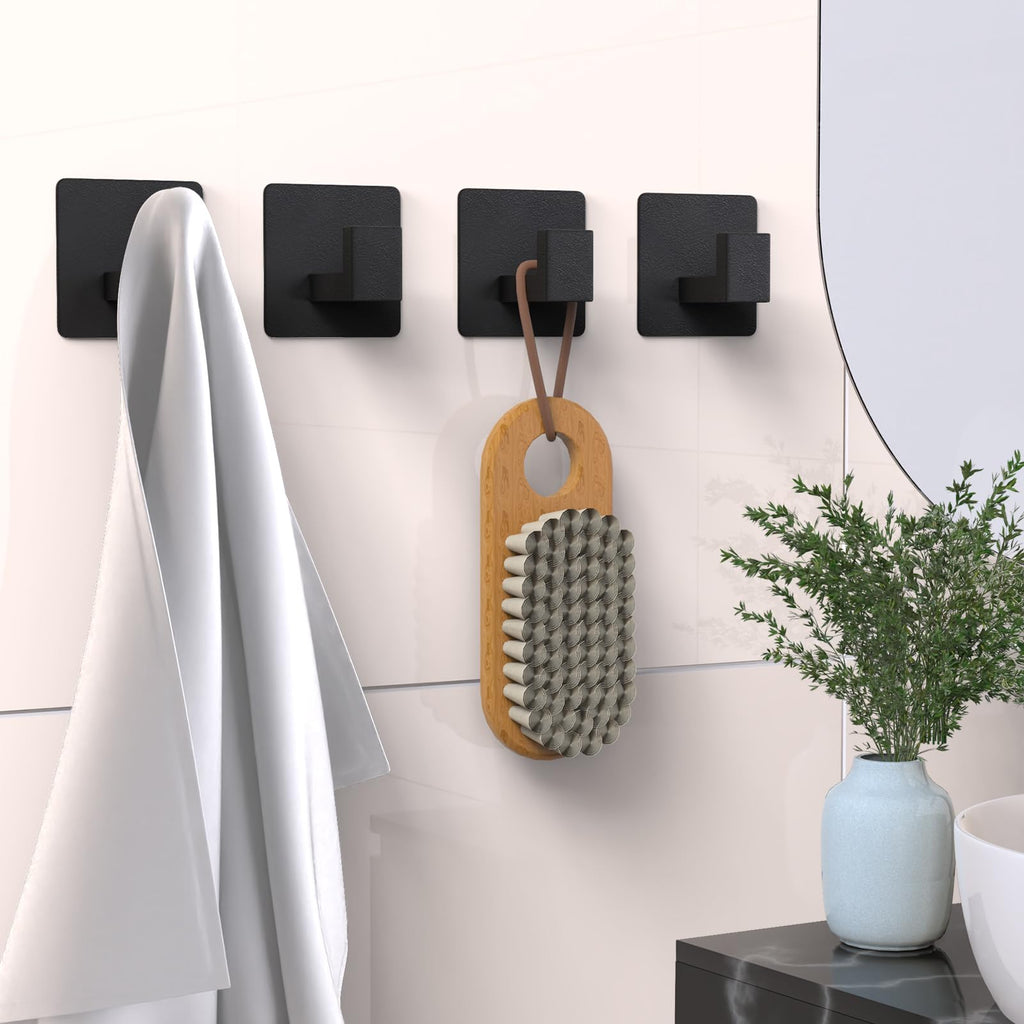 PMMASTO Black 4 Pack Self Adhesive Wall Hooks for Hanging, Stick On Wall Hanger Hook for Shower, Robe, Hat - Aluminium