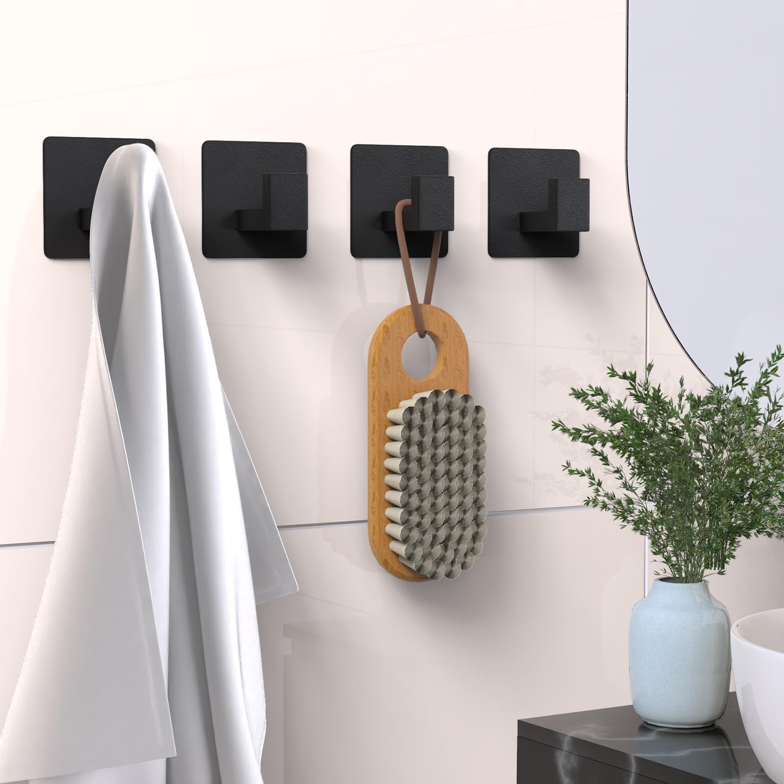 PMMASTO Black 4 Pack Self Adhesive Wall Hooks for Hanging, Stick On Wall Hanger Hook for Shower, Robe, Hat - Aluminium