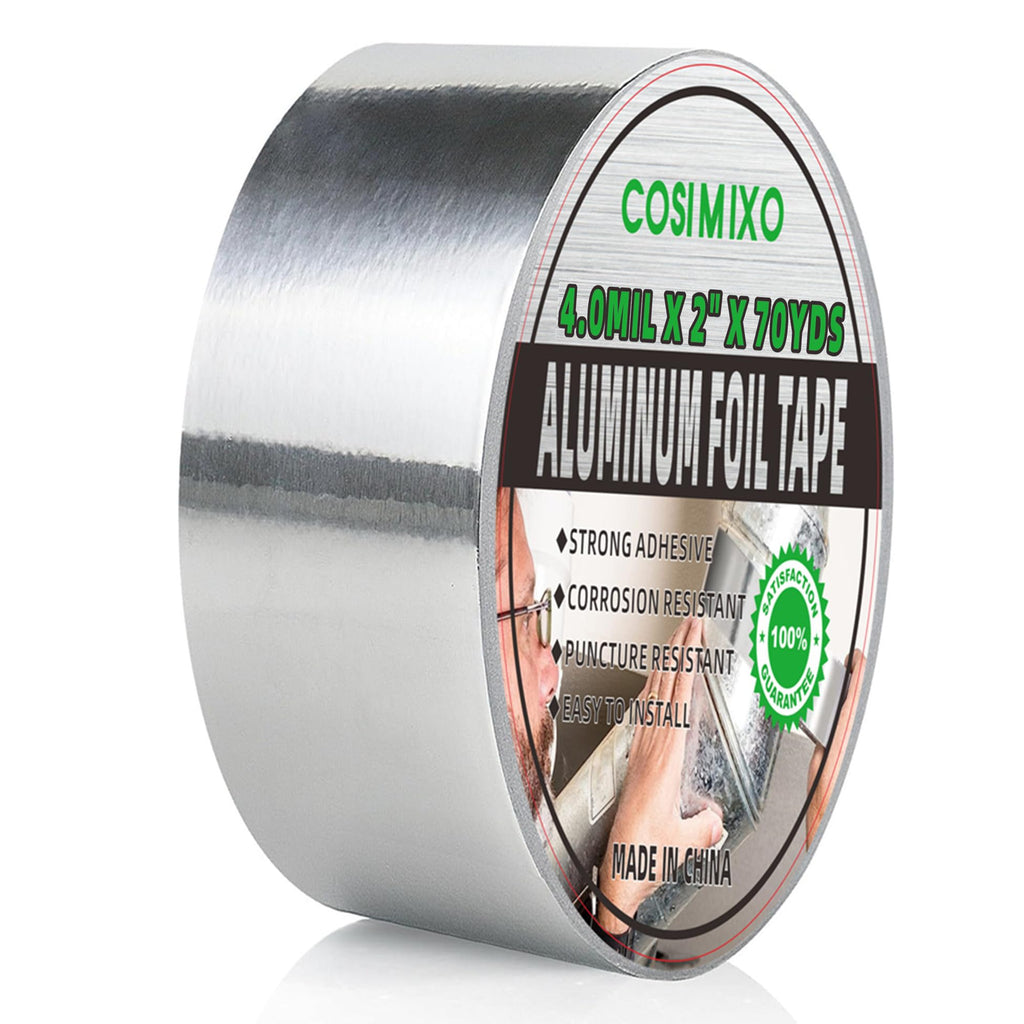 COSIMIXO Silver Aluminum Foil Tape Heavy Duty Duct Tape,4.0mil x 2in x 70Yards,High Temperature Sealing and Patching,Perfect for HVAC,Air Ducts,Foamboard,Metal Repair,Insulation,Dryer Vent and More