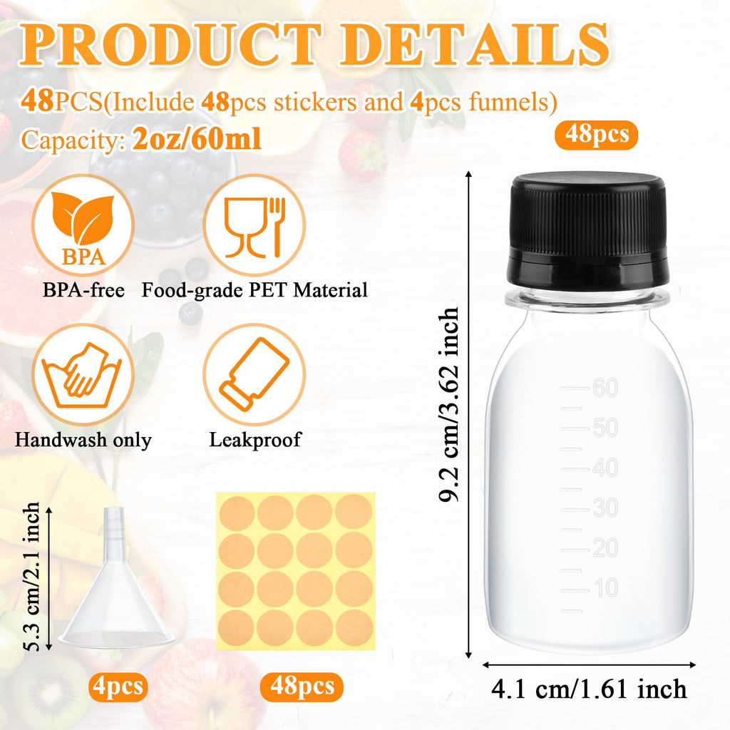 Supkiir 48Pcs 2oz Plastic Shot Bottles for Liquids, Clear Reusable Juice Bottles with Lids Scale Labels Funnels, Leak proof Mini Ginger Shots Jars for Juice Sauce Whiskey Milk Portable Travel