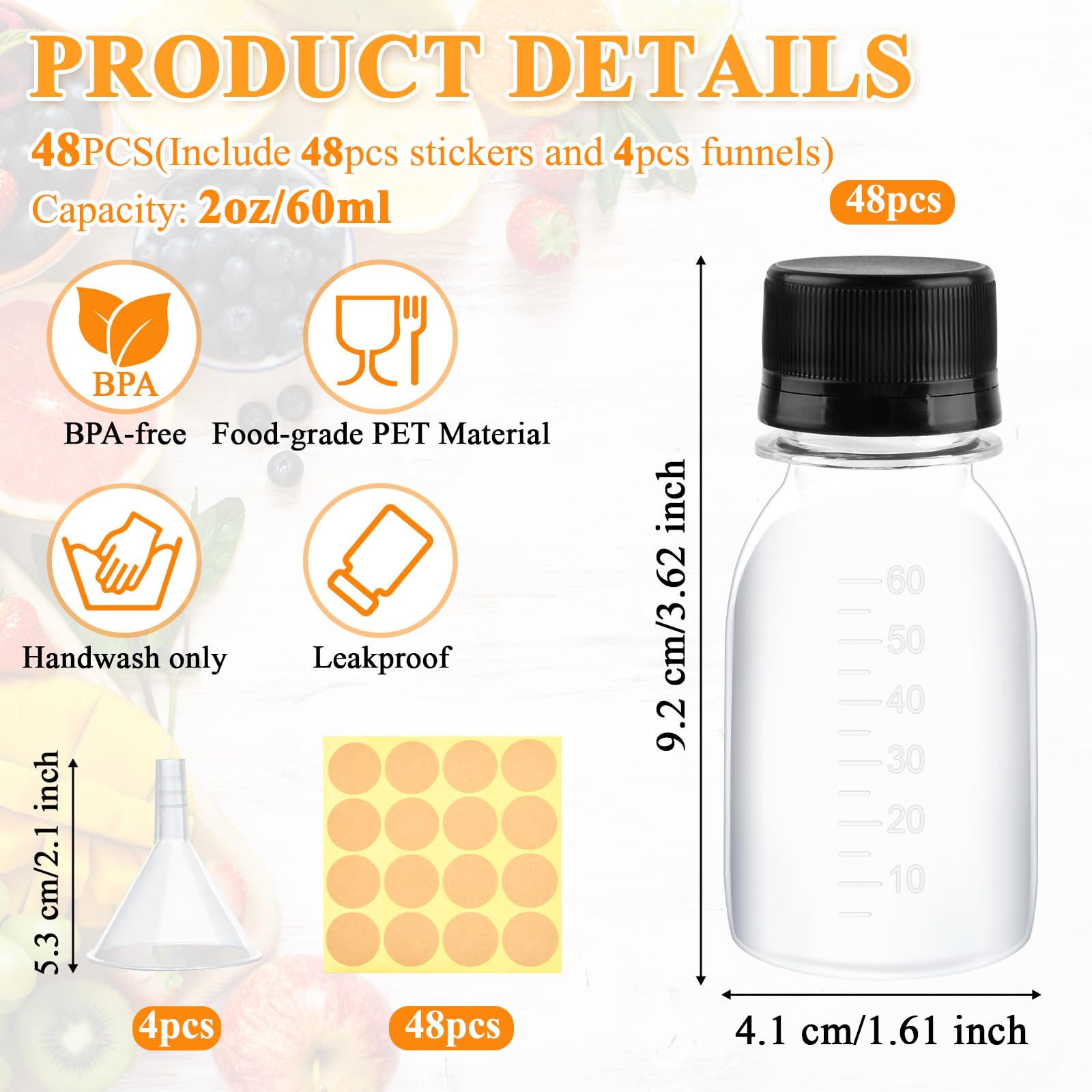 Supkiir 48Pcs 2oz Plastic Shot Bottles for Liquids, Clear Reusable Juice Bottles with Lids Scale Labels Funnels, Leak proof Mini Ginger Shots Jars for Juice Sauce Whiskey Milk Portable Travel